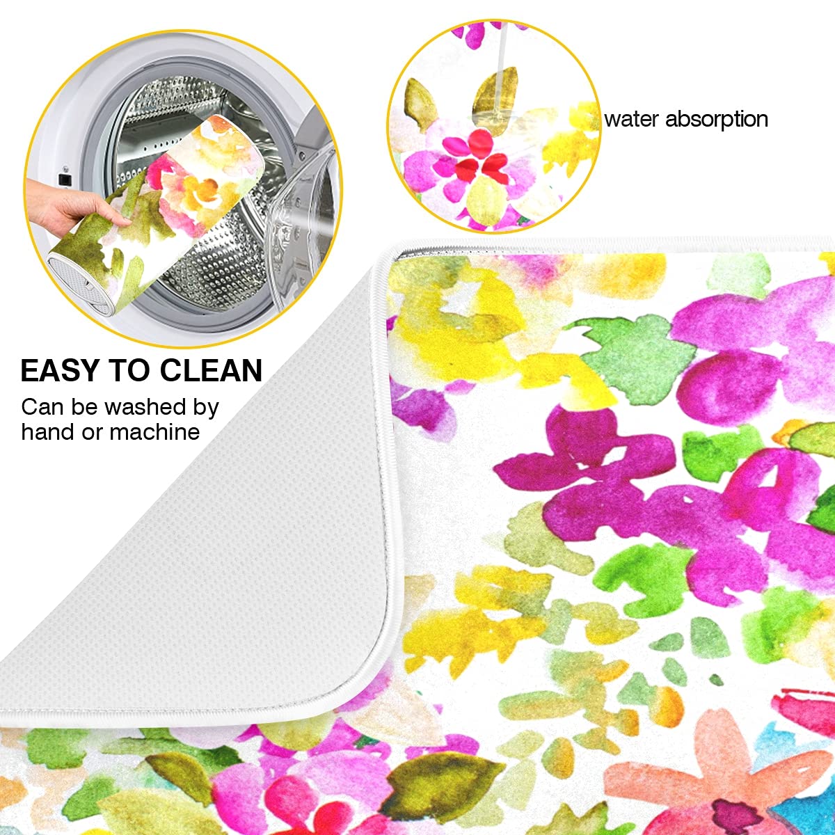 Spring Flowers Dish Drying Mat For Kitchen Counter 18'' X 16'' Inch - Absorbent Reversible Microfiber Dish Mat, Heat Resistant D