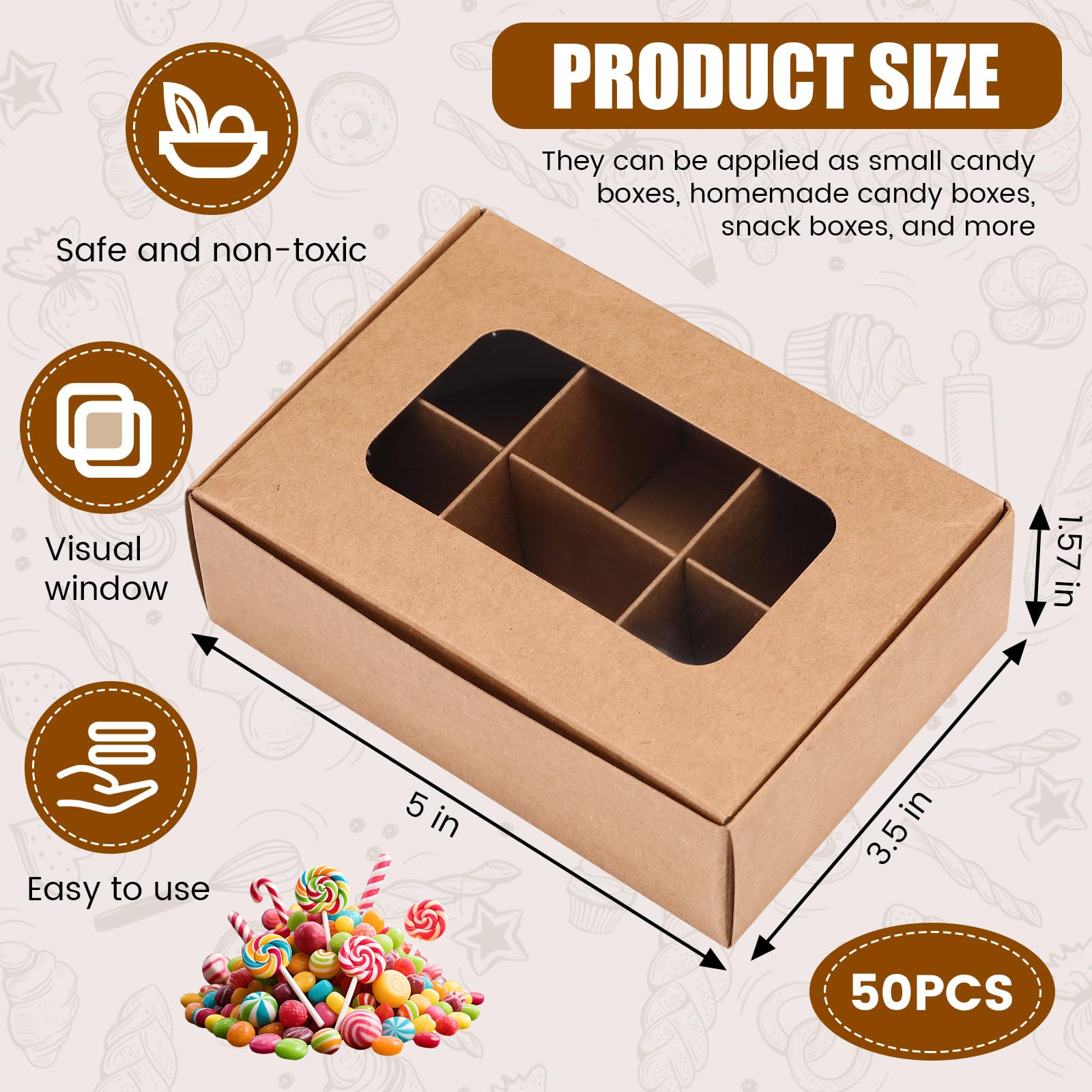 Chivertion 50 Pcs Treat Boxes with Window and Dividers 5 x 3.54 x 1.57 Inches 6 Compartments Empty Candy Truffle Boxes Kraft Cup