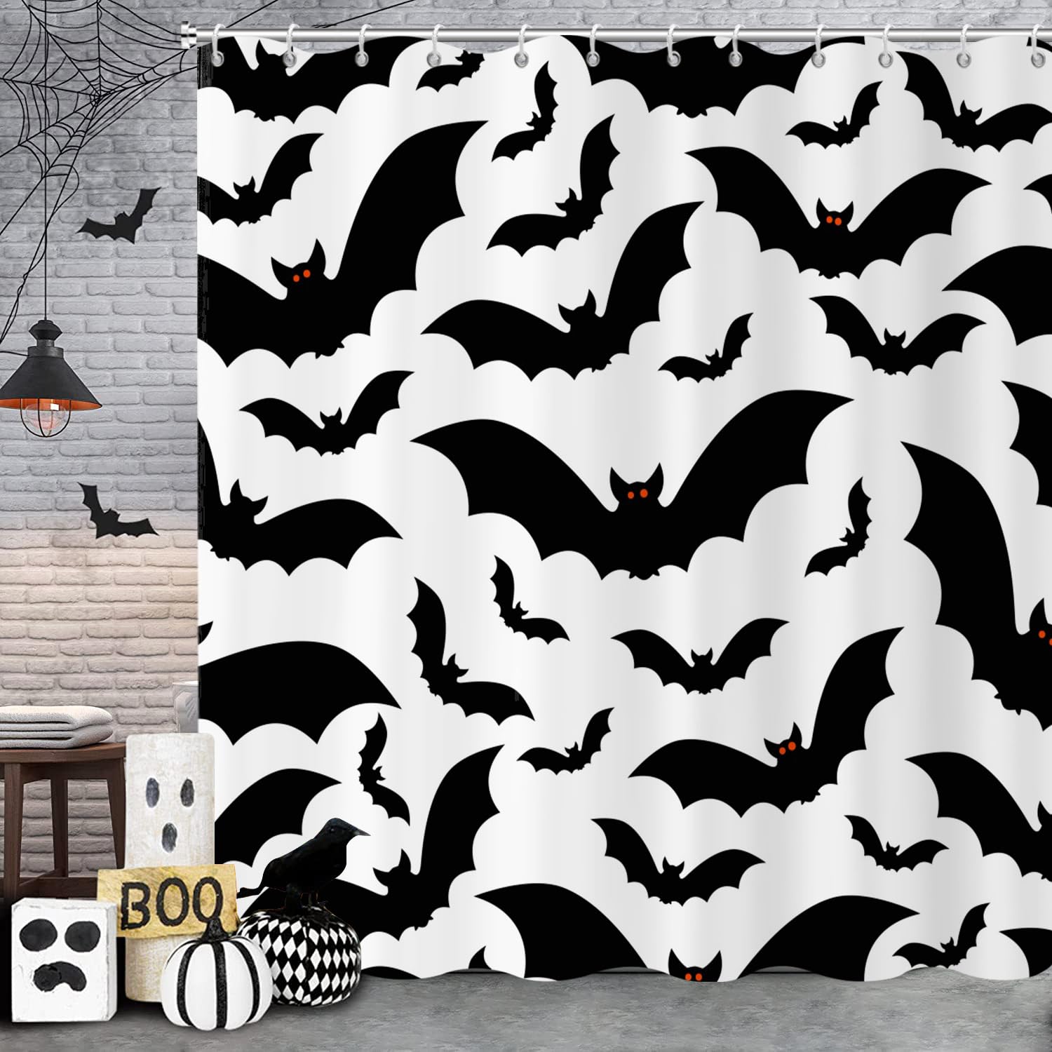Gcirec Halloween Shower Curtain, Halloween Theme Black And White Bat Bathroom Curtain Halloween Party Decor Waterproof Fabric Ma