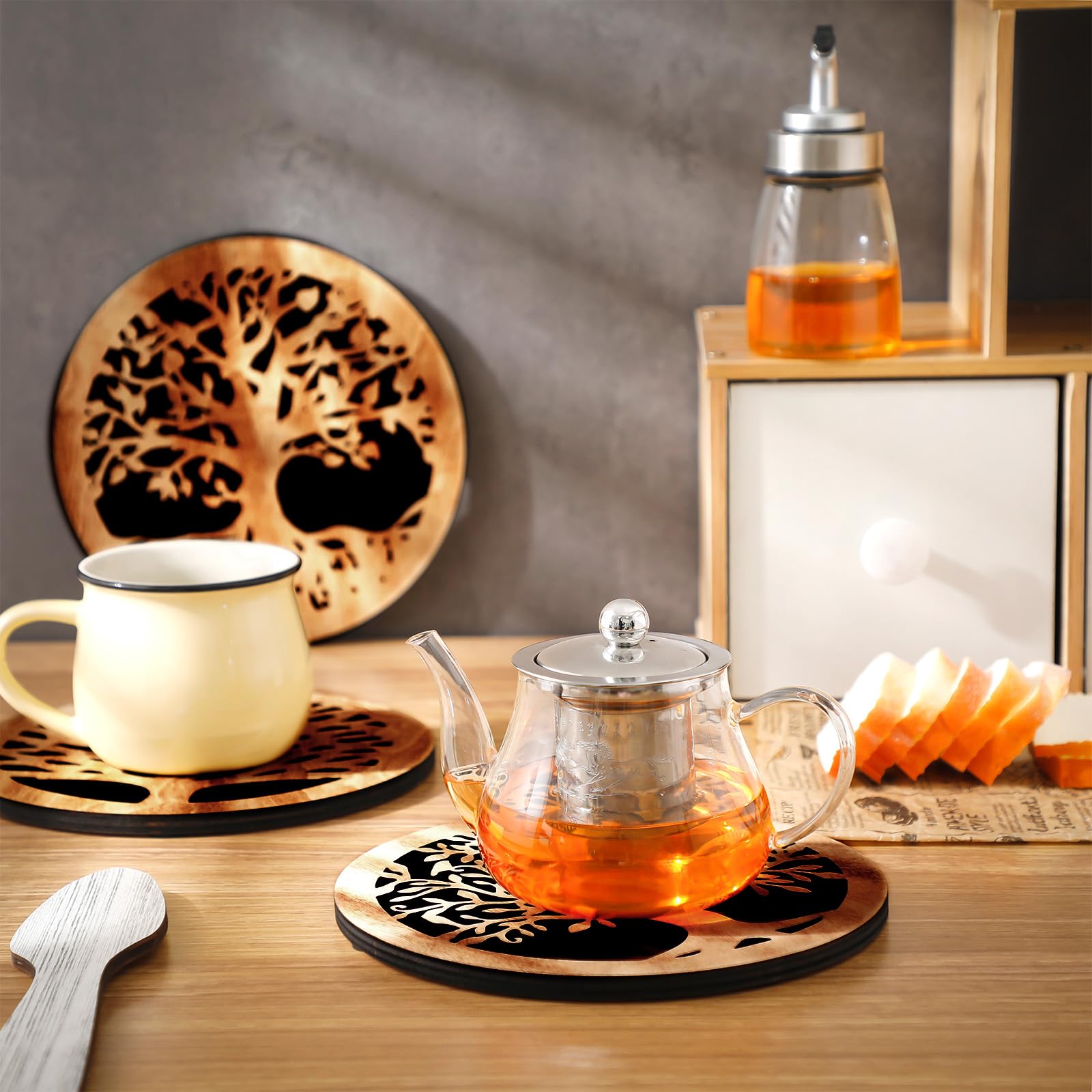 Beeveer 3 Pcs Life Tree Wooden Trivets Round Plates Hot Dishes Trivet Heat Resistant Hot Pan Holder Winter 8 Inch(Light Wood Col