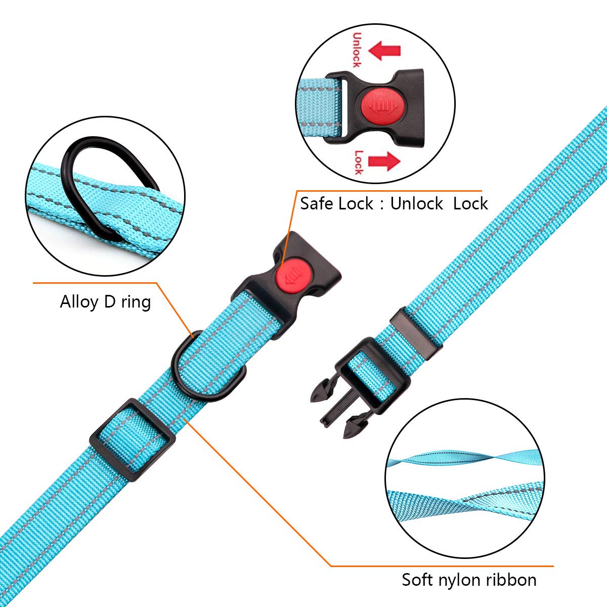 Reflective Dog Collar And Leash Set With Safety Locking Buckle Nylon Pet Collars Adjustable For Small Medium Large Dogs 3 Sizes(