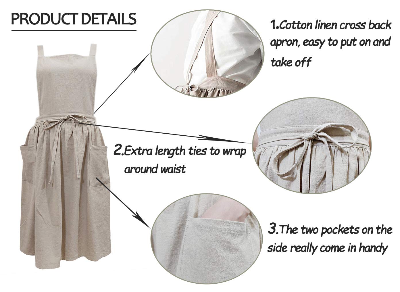 Losofar Women Girls Vintage Apron Adjustable Gardening Works Cross Back Cotton/Linen Blend Aprons Pinafore Dress With Two Pocket