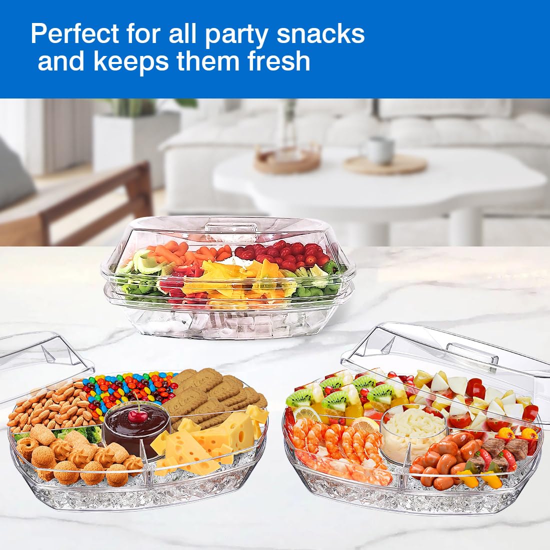 Innovative Life High-End Veggie Fruit Tray With Lid, Ice Chilled Vegetable Serving Platter With Ice Tray On Bottom, Perfect For