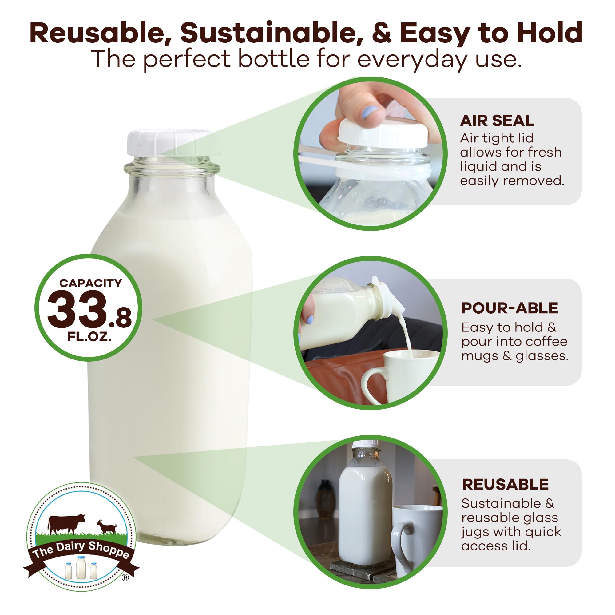 The Dairy Shoppe Heavy Glass Milk Bottles - Jugs With Extra Lids And A Silicone Pour Spout - Clear Milk Containers For Fridge -