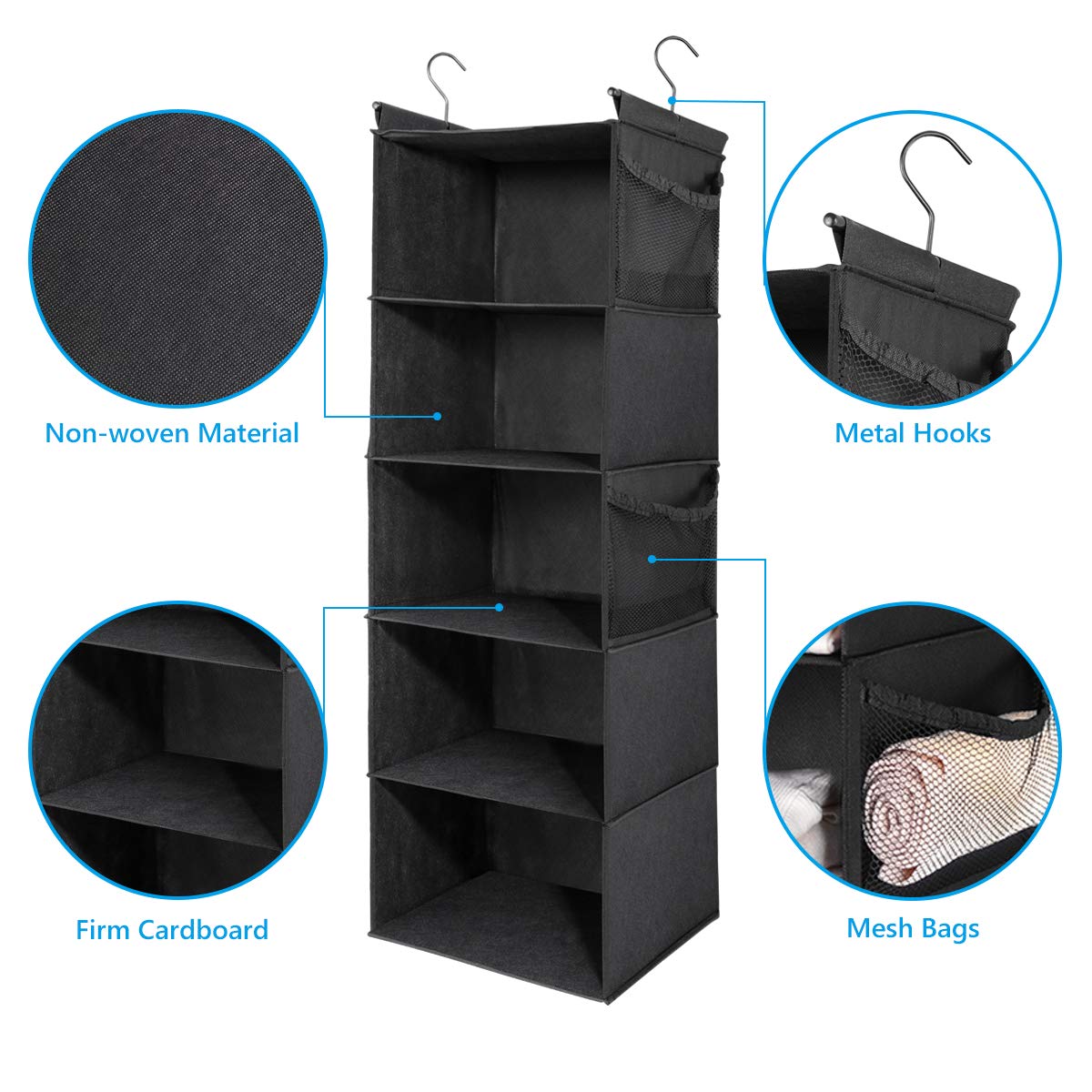 Max Houser 5 Shelf Hanging Closet Organizer,Space Saver, Closet Hanging Shelves With (4) Side Pockets,Foldable (Black)