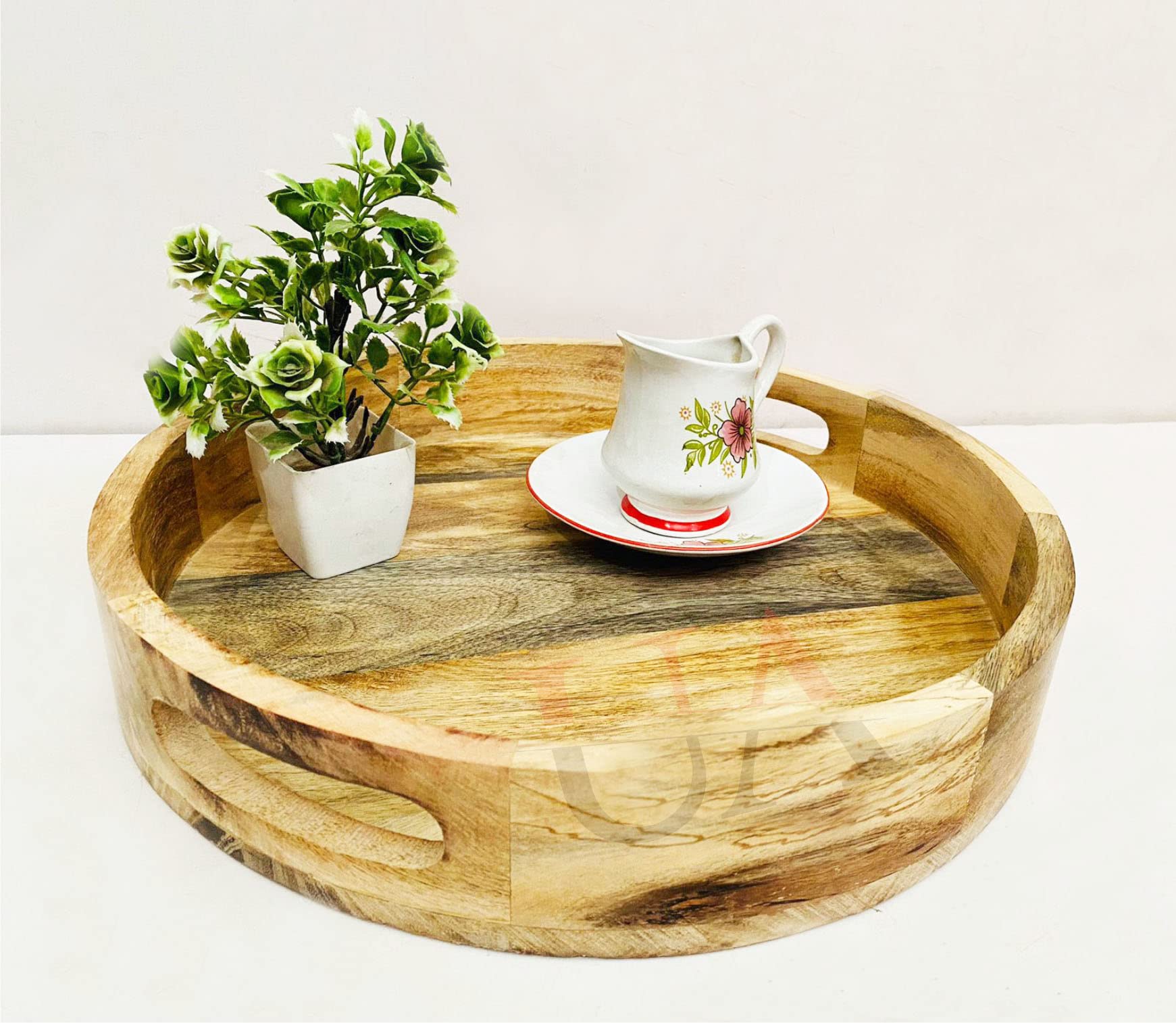 Hamdan Collection Solid Wood Round Tray Handles, Tea & Coffee Table Decorative Serving Tray Food Storage Platters For Serving Be