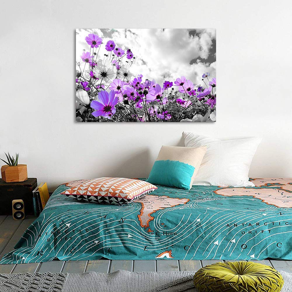 Modern Purple Flowers Canvas Art Wall Decor Black And White Framed Galsang Floral Prints And Posters Wall Hanging Decorations Re