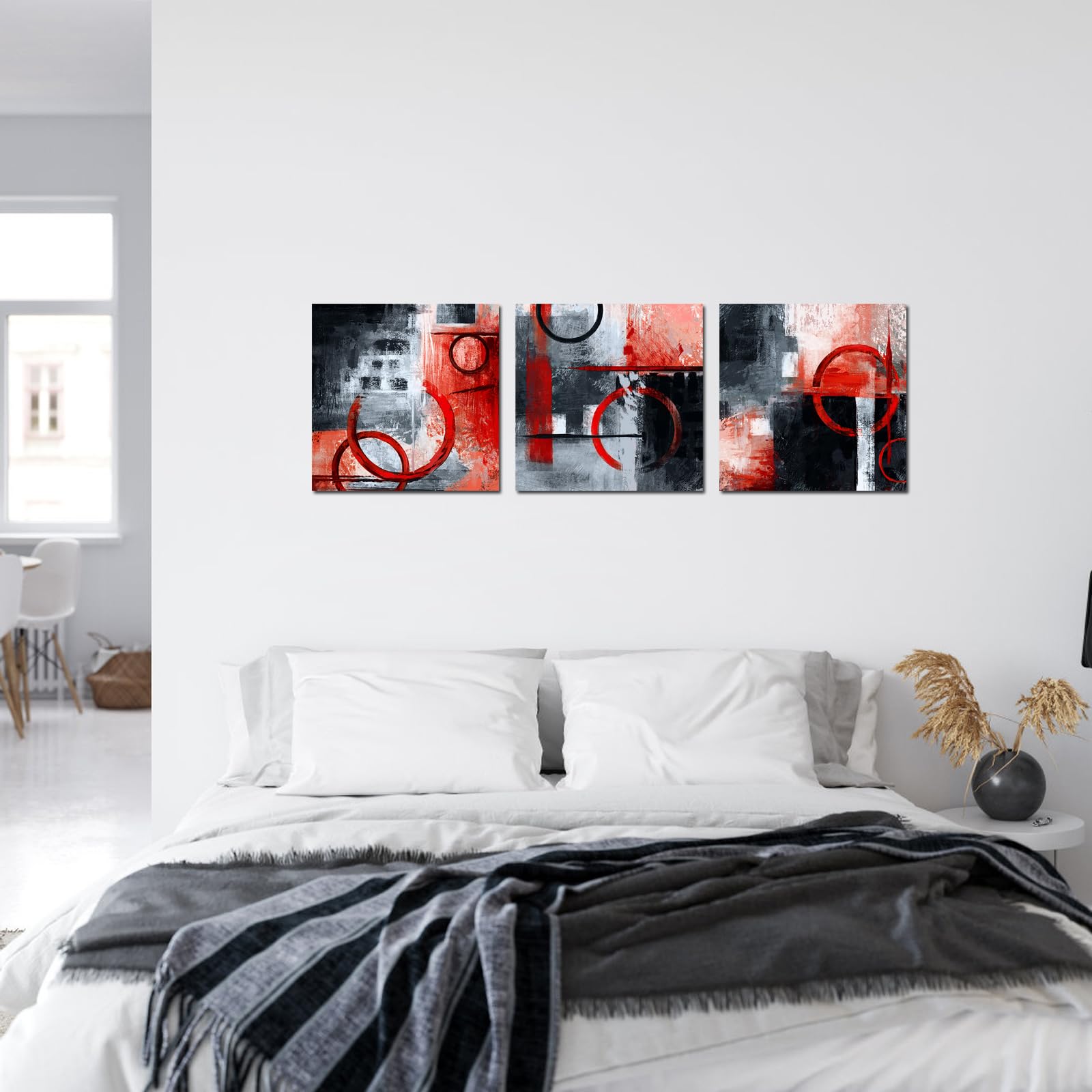 sechars Geometric Wall Decoration Abstract Circle Painting Canvas Wall Art Modern Black and Red Geometry Artwork Framed for Home Bedroom Kitchen (Red  Small)
