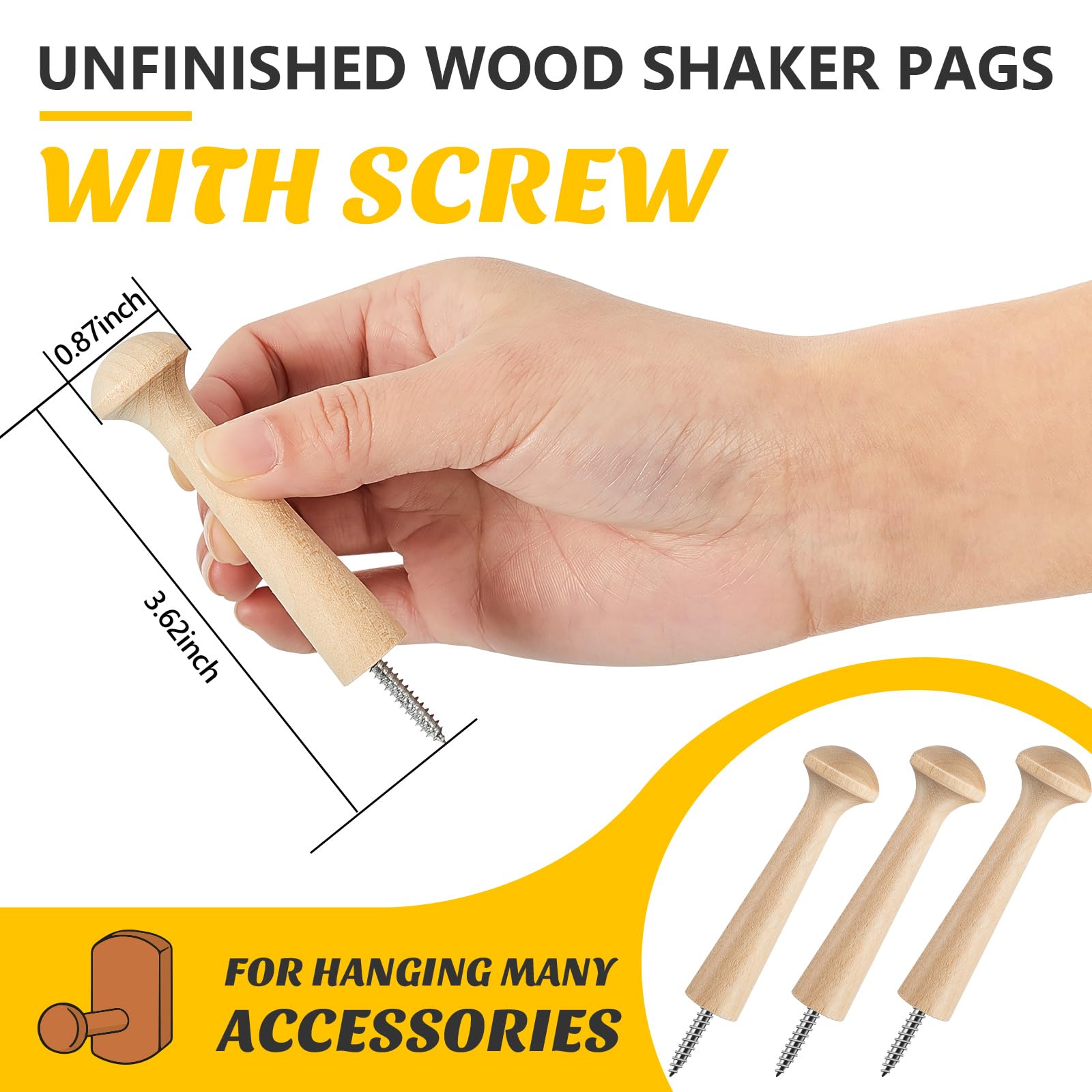 Jetec Wooden Shaker Peg Wood Screw-On Shaker Pegs 2.9 Inch Long Unfinished Wood Shaker Racks For Hanging Clothes Hats Towel And