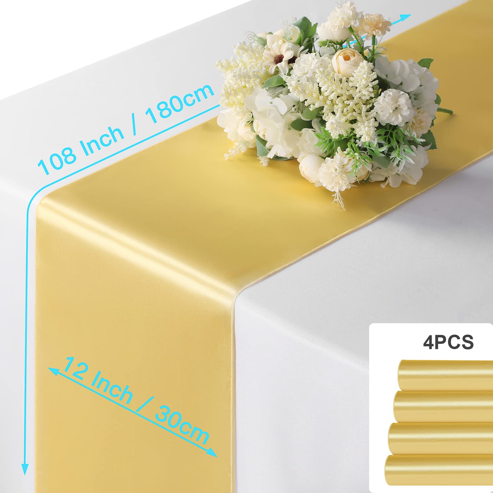Manyshofu 4Pcs Satin Yellow Gold Table Runner - 12 x 108 Inch Long Size  Party Table Runner Decor Bright & Smooth Wedding Decorations Table Runner for Banquet Chef Birthday Buffet Dinner Graduations