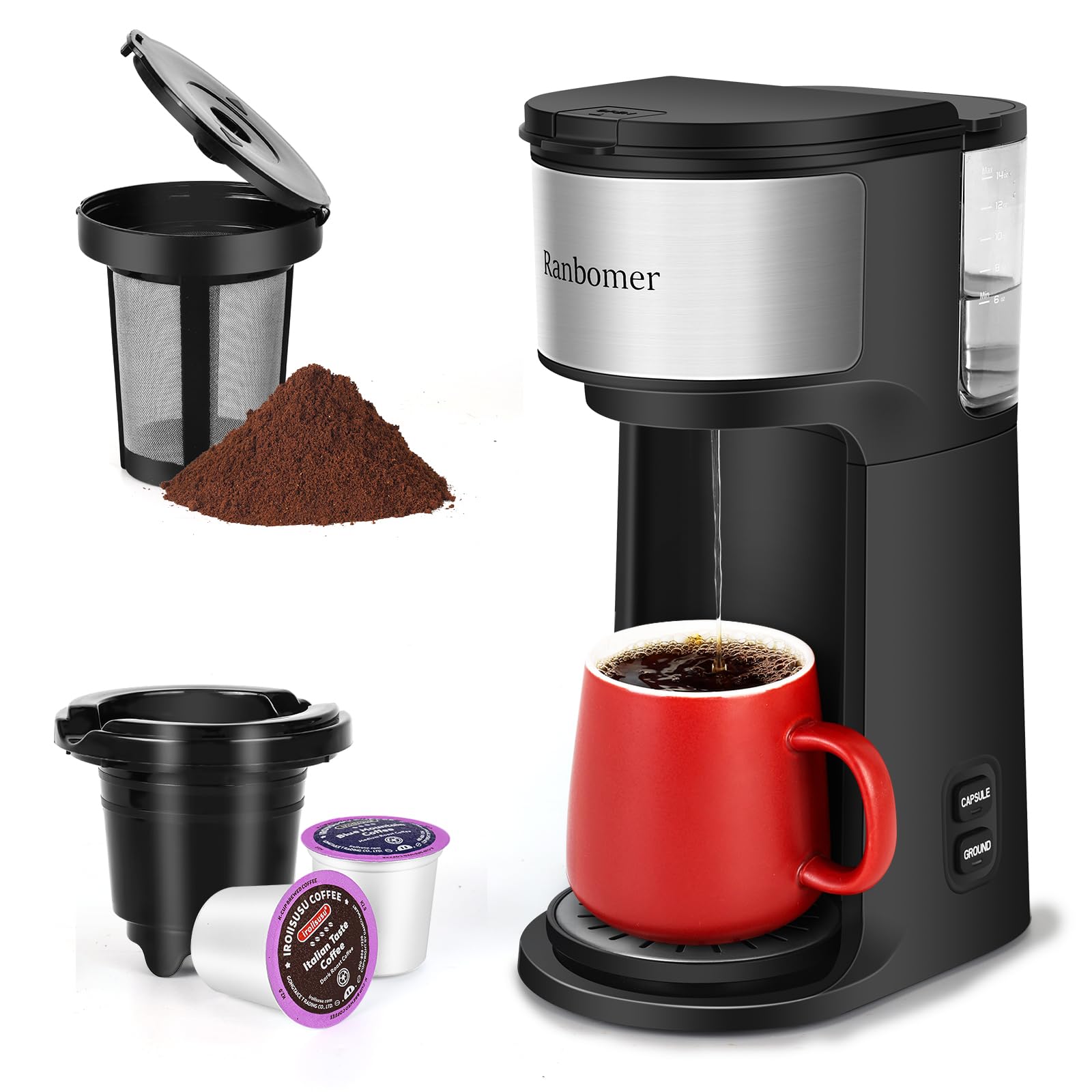 Ranbomer K Cup Coffee Maker, Single Serve coffee machine or Ground Coffee Machine 2 in 1, 6 to 14 Oz Brew Sizes, Mini One Cup Co