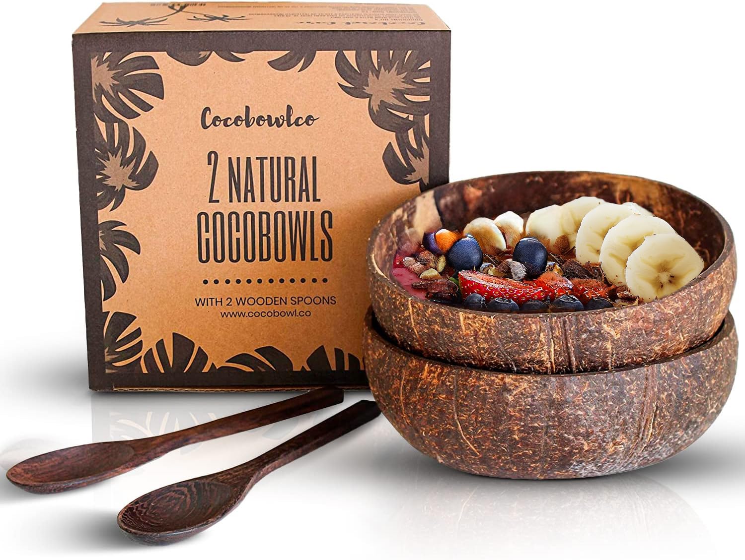 COCOBOWLCO Coconut Bowl Set with Wooden Spoons - Eco-Friendly Acai Bowls, Yogurt Bowls & Smoothie Bowl - Ideal for Ninja Creami 