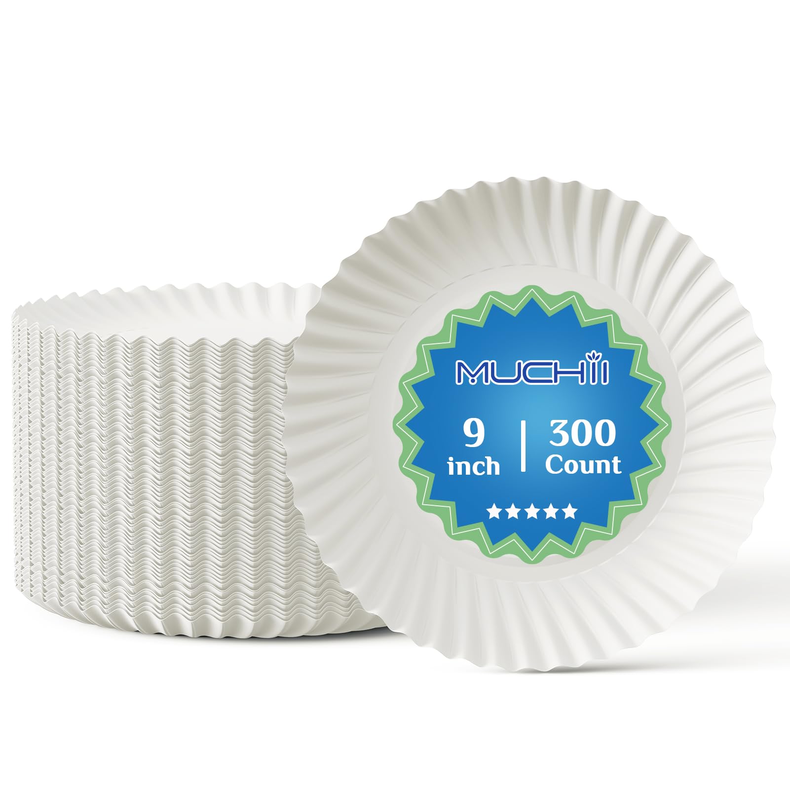 MUCHII 300 Count 9 Inch Paper Plates, Disposable Dinner Plates Bulk, White Plate Uncoated for Parties, Catering, Picnics, and DI