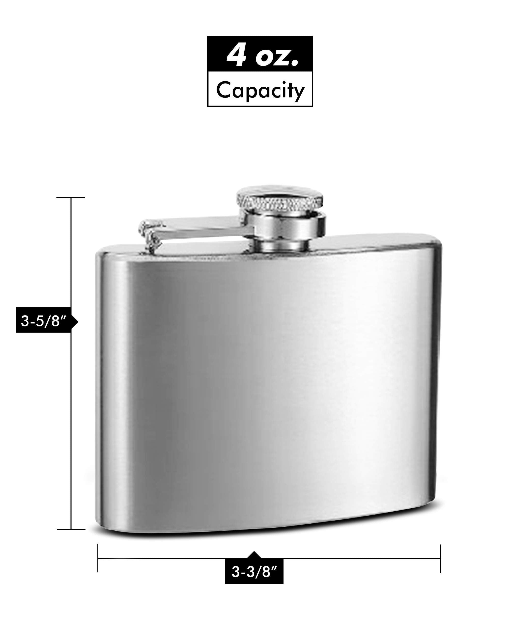 Hip Flask and Refill Funnel Set - 4 oz  Easy Pour  Laser Welded and Sealed  Leakproof  Attached Screw-On Cap - Comes in Gift Box