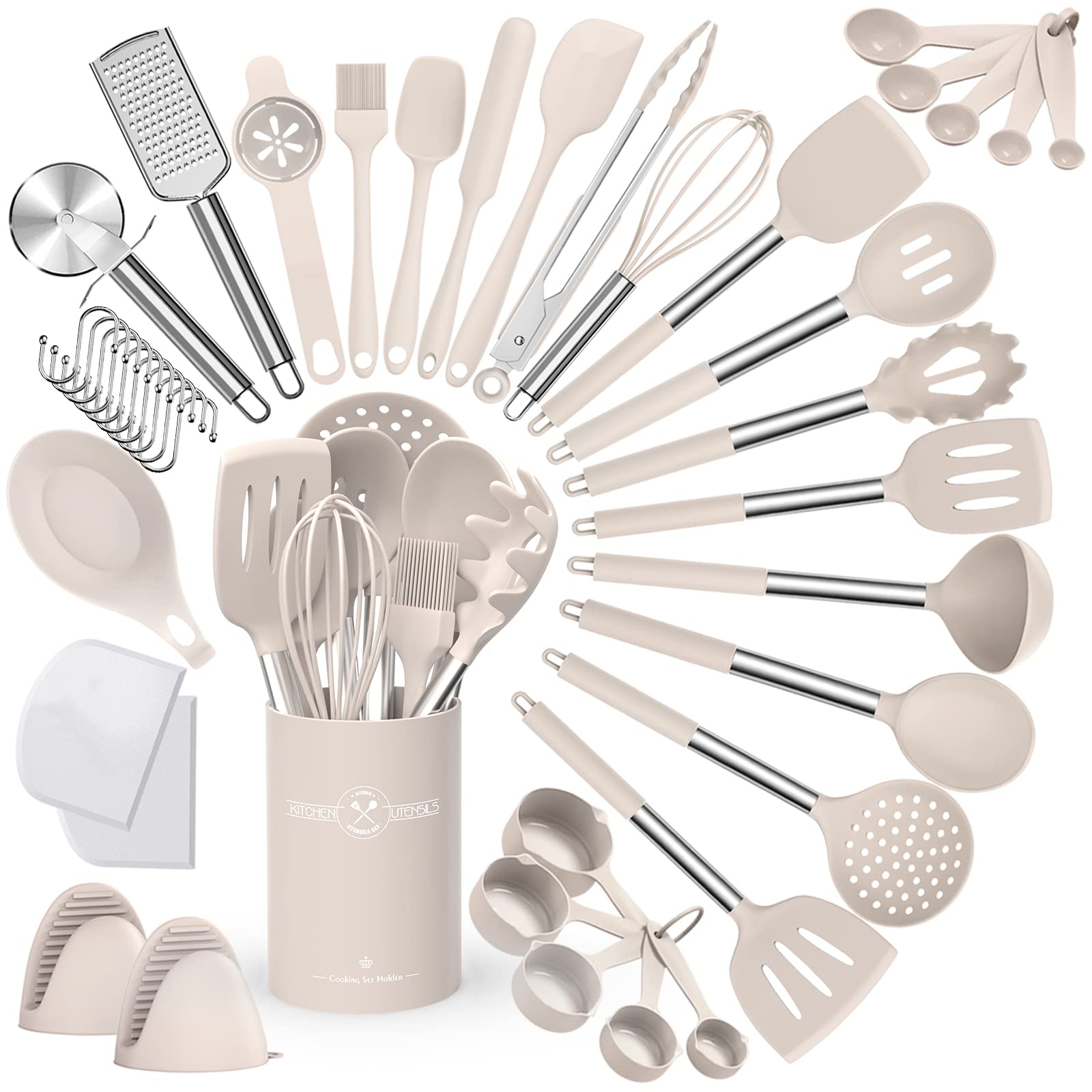 Umite Chef Silicone Kitchen Utensil Set, 43 pcs Non-stick Heat Resistant Spatulas, Small, Khaki, Stainless Steel Handles