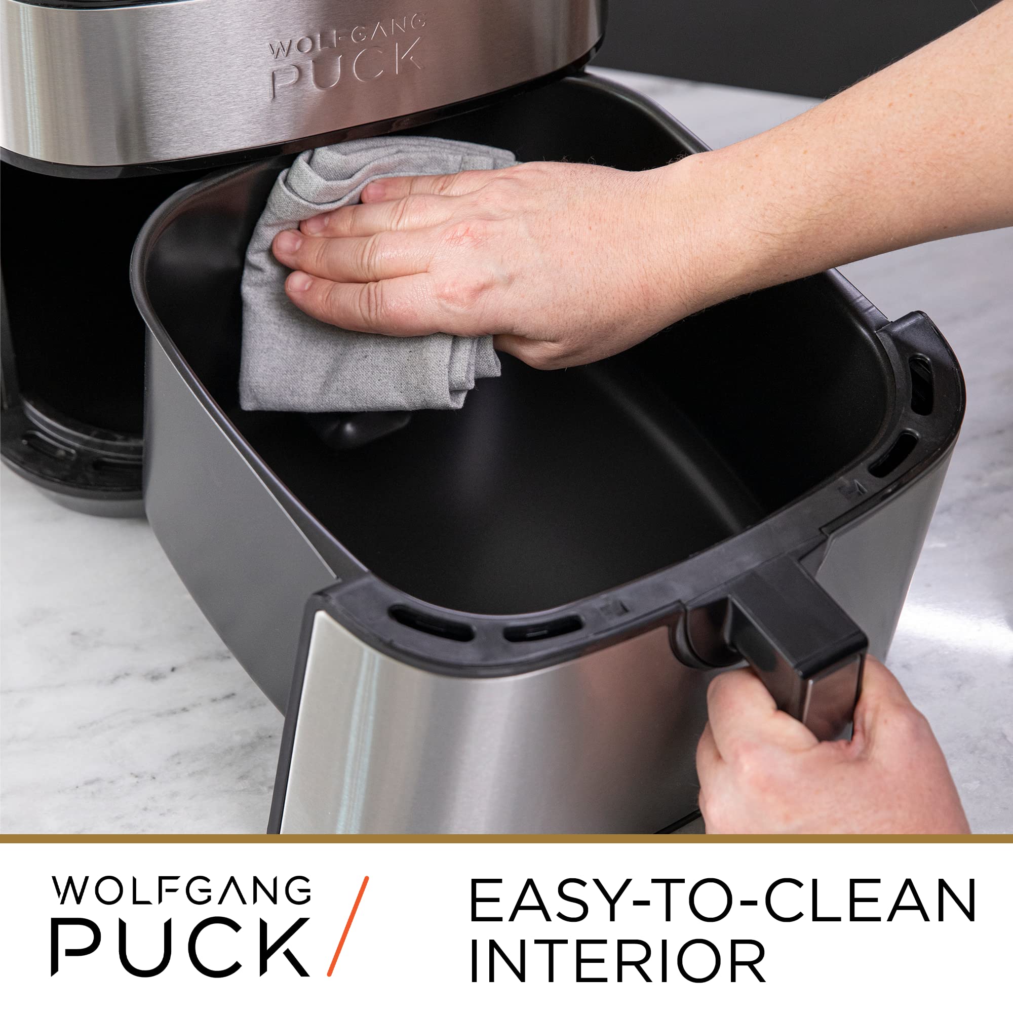 Wolfgang Puck 9.7Qt Stainless Steel Air Fryer, Large Single Basket Design, Simple Dial Controls, Nonstick Interior, Includes Coo