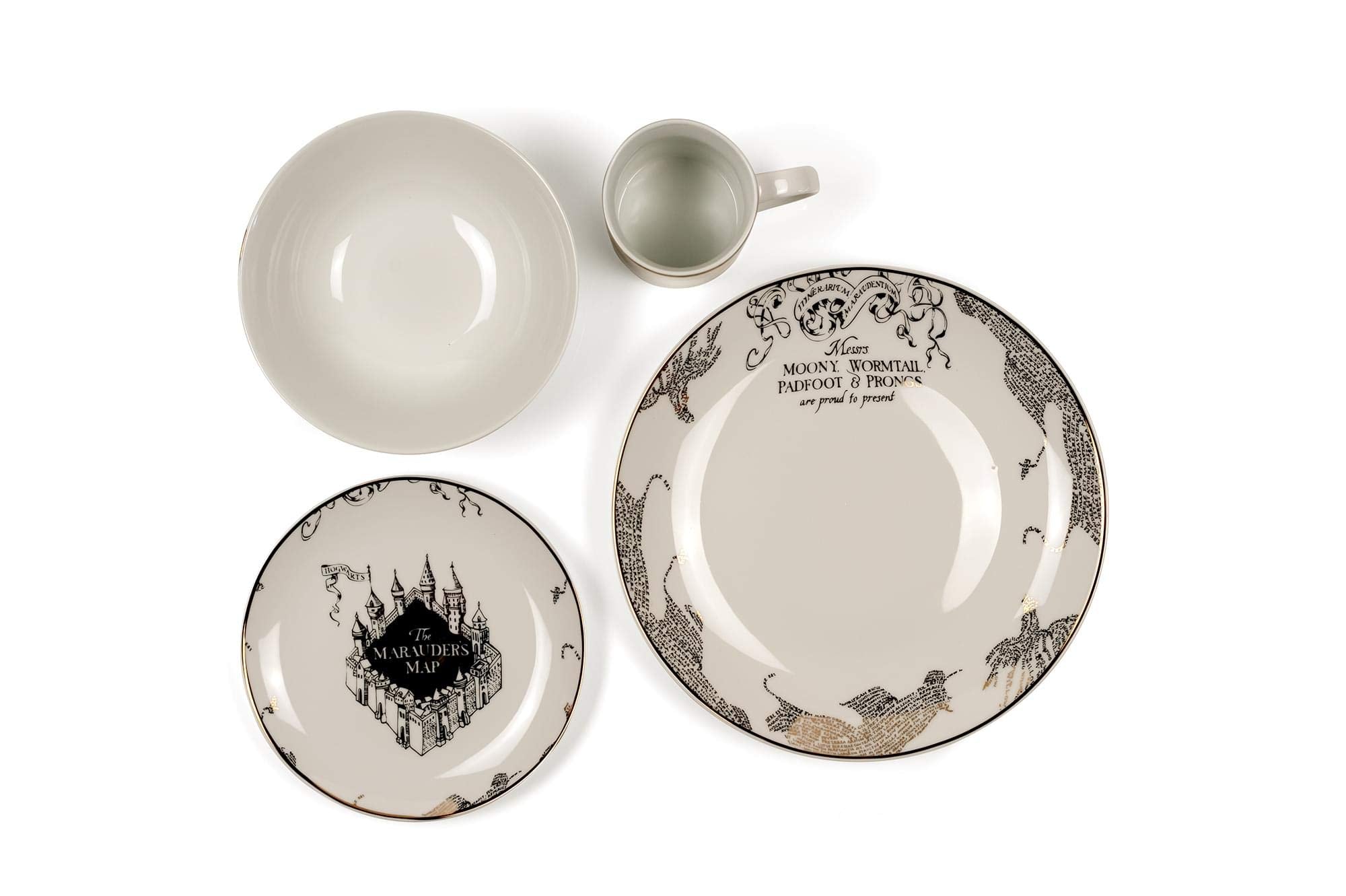 Harry Potter Marauders Map Porcelain 4 Piece Place Setting  Gold Marauders Map Design  Includes 1 Dinner Plate, 1 Salad Plate
