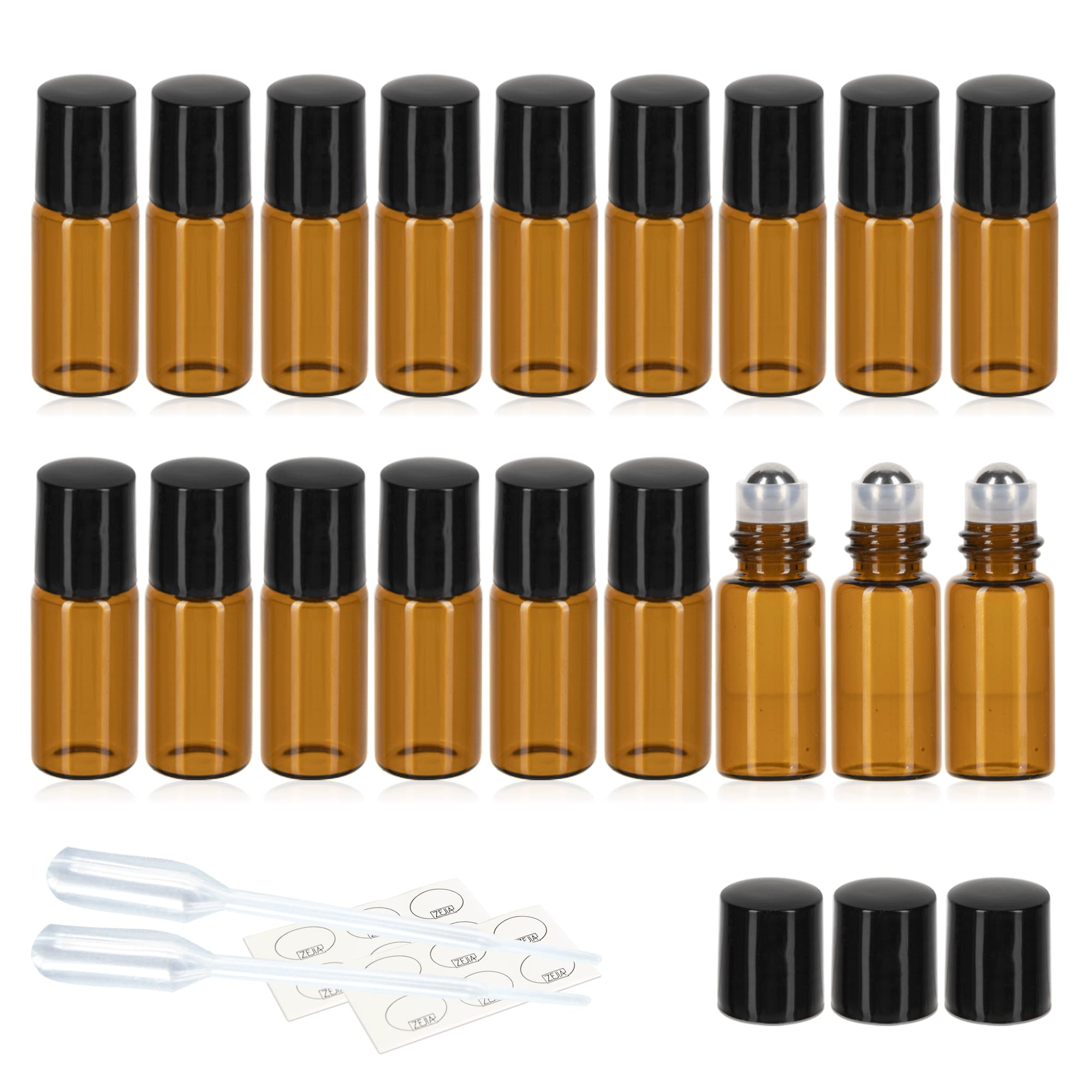 Zejia 3Ml Roller Bottles 24Pack Amber Thick Glass Essential Oil Roller Bottles Stainless Steel Roller Ball With 2 Droppers