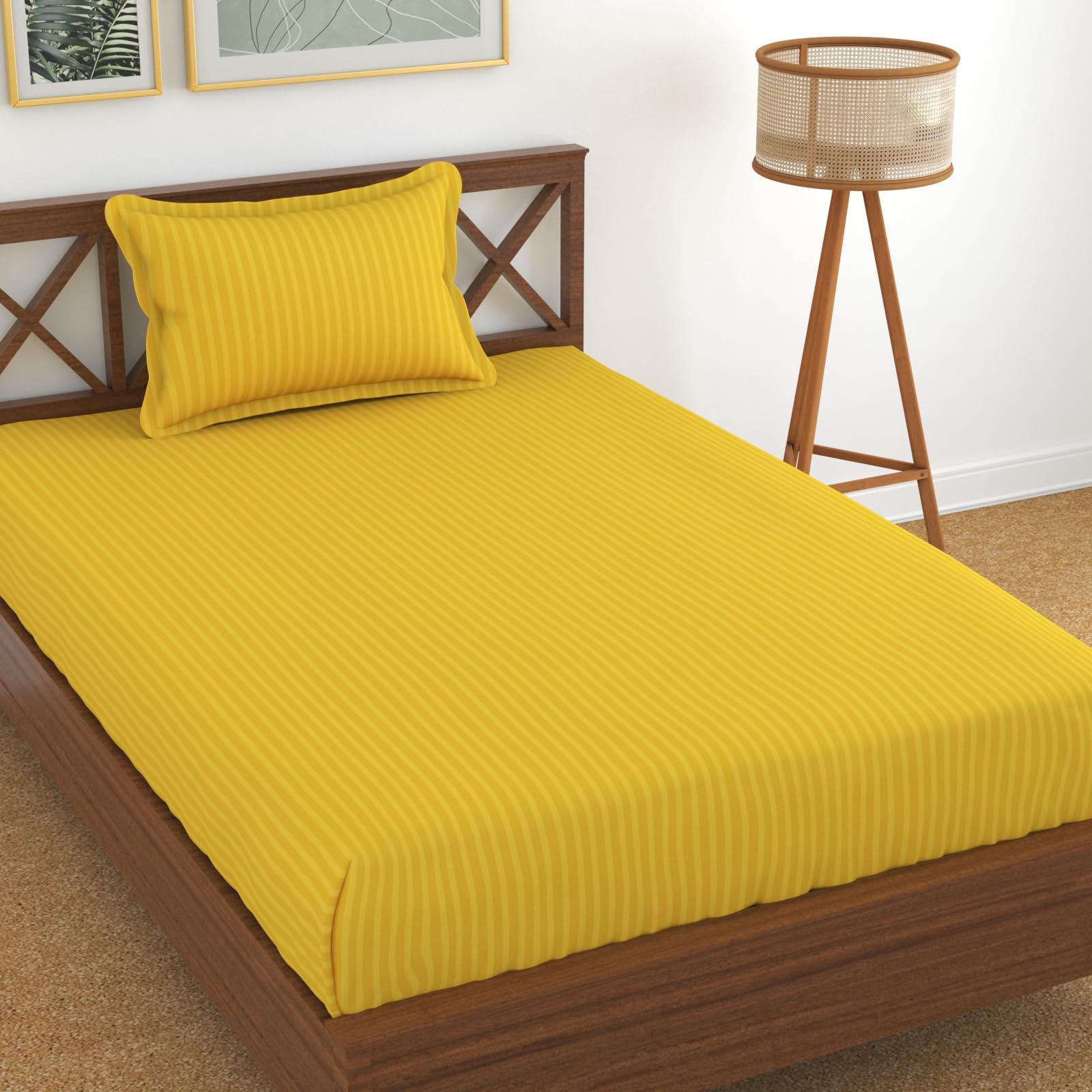 Homefab India 160 Tc Stripe Glace Cotton Single Bedsheet With 1 Pillow Cover - Yellow