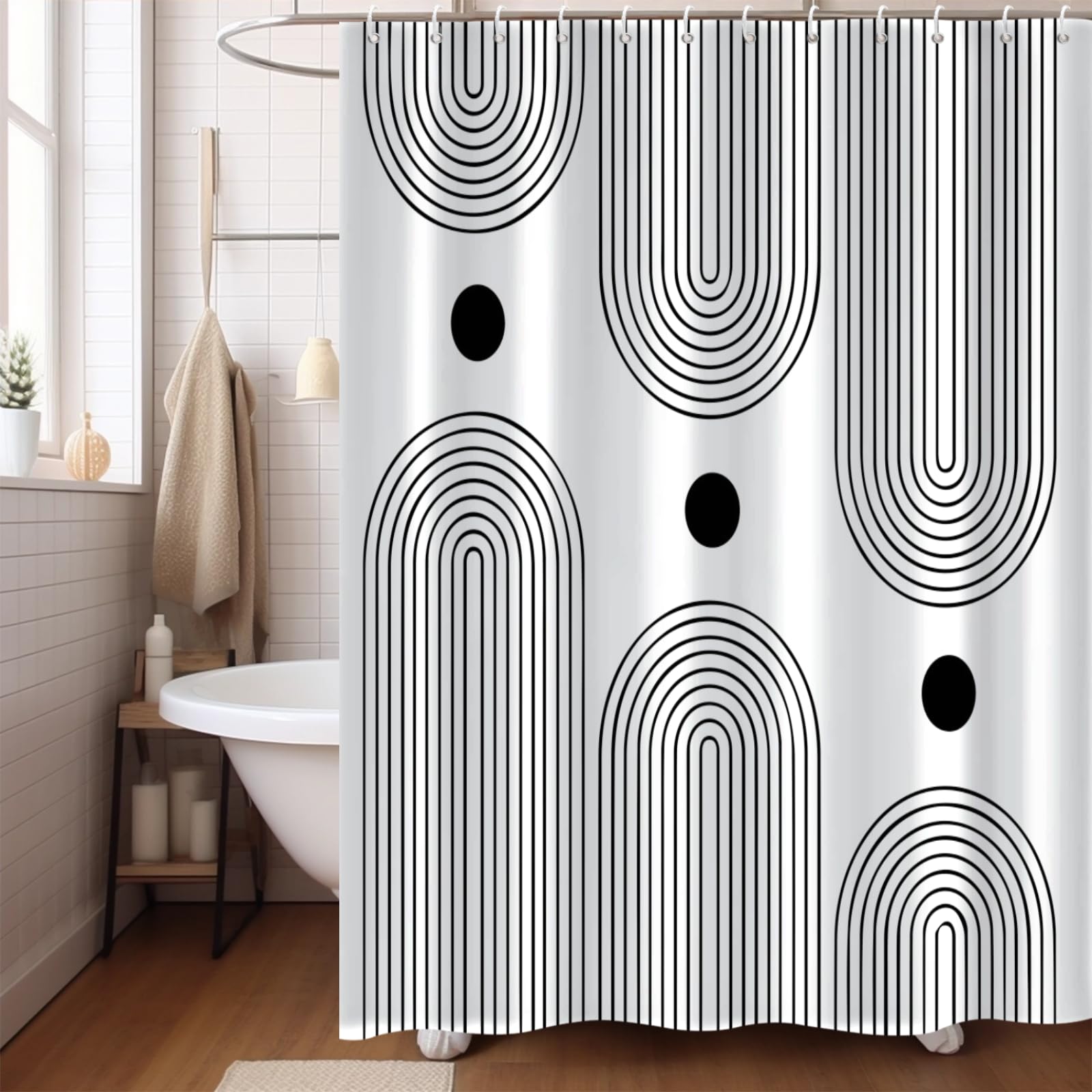 GKLEASG White and Black Shower Curtain  Boho Minimalist Mid Century Modern Arch Geometric Machine Washable Waterproof Fabric for Bathroom Bathtub Decor with Hooks 72x72