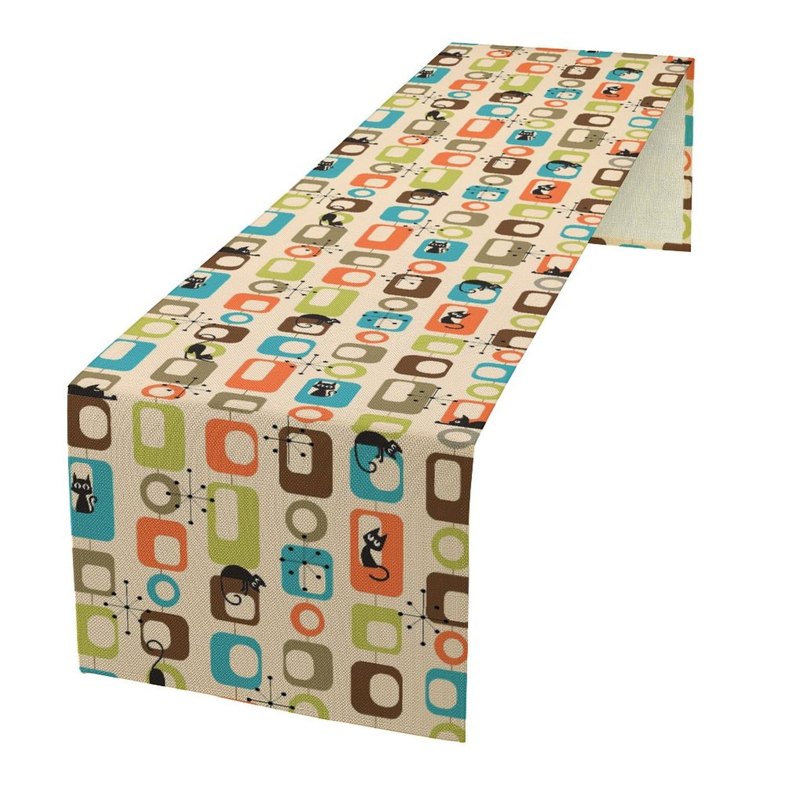 FengMingRui Mid Century Black Cat Table Runne Modern Absctract Geometric Atomic Pattern Funny Cat Dining Table Decoration for Ki