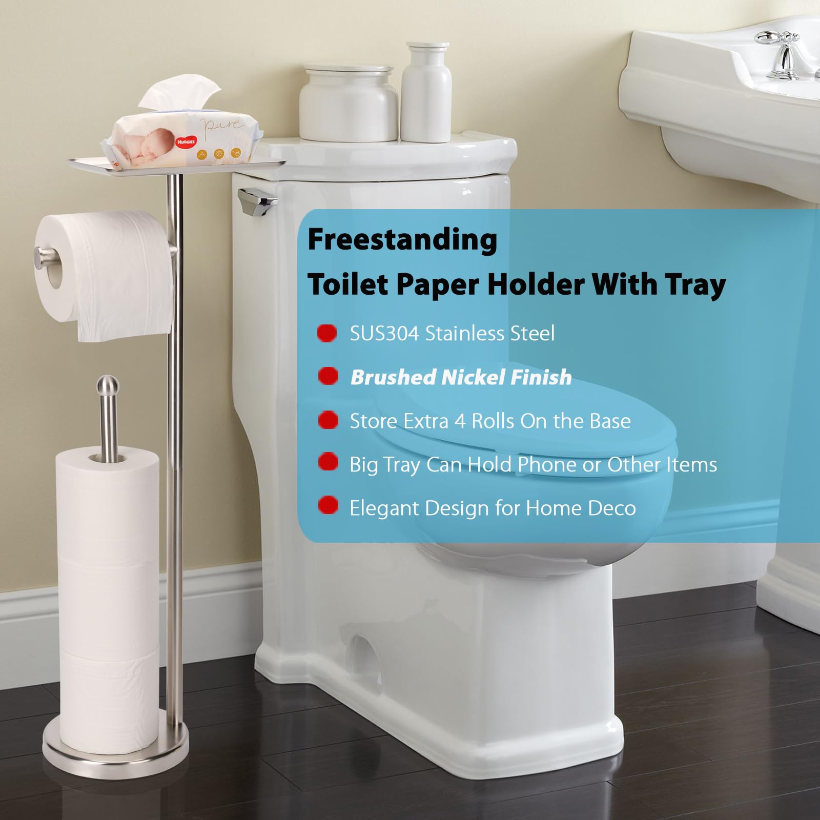Noonext Toilet Paper Holder With Shelf, Freestanding Toilet Paper Stand With Tray For Small Items, Toilet Paper Holder Freestand