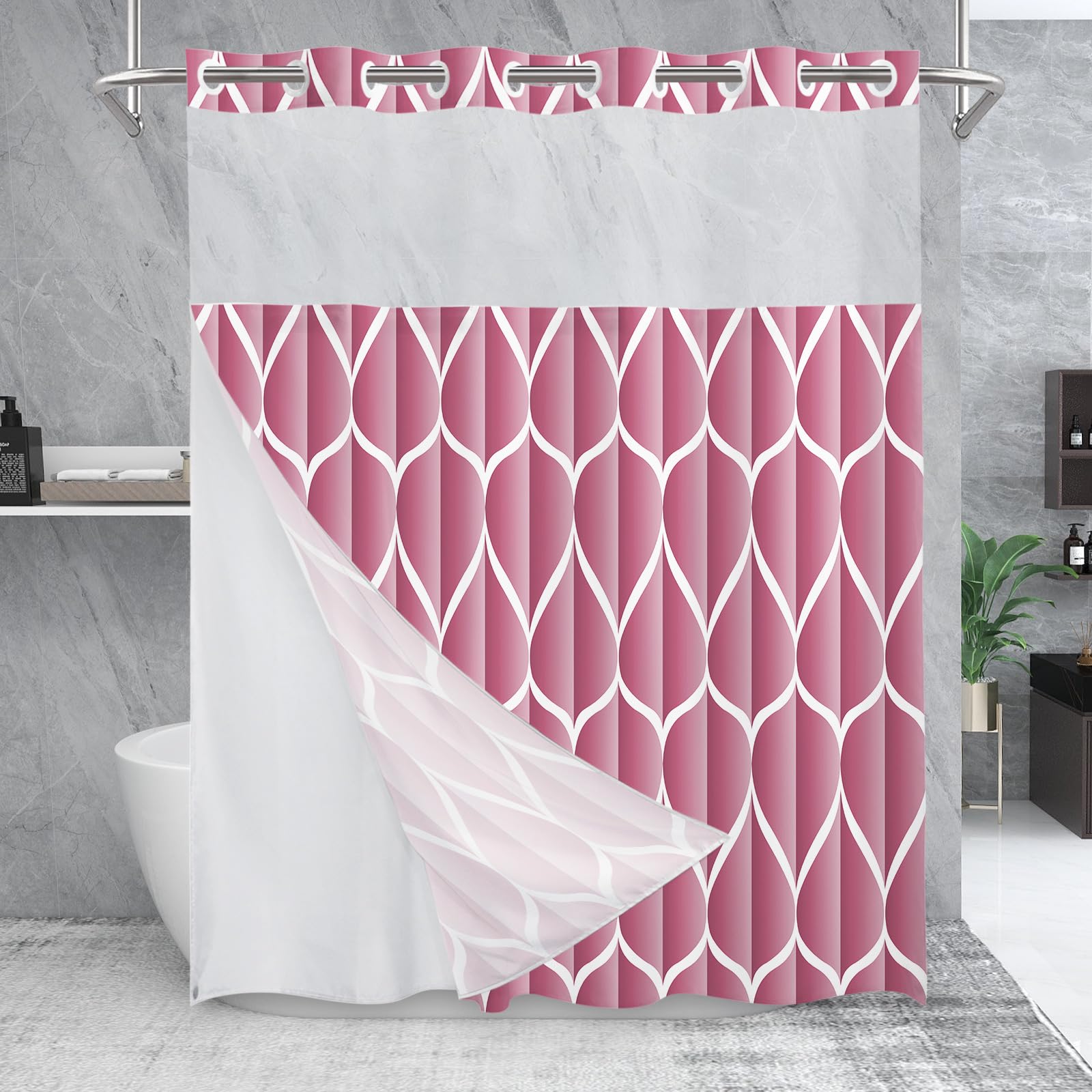 Yiatn No Hook Pale Mauve Shower Curtain With Snap In Fabric Liner Set - Hotel Style With See Through Mesh Top Window, Modern Geo