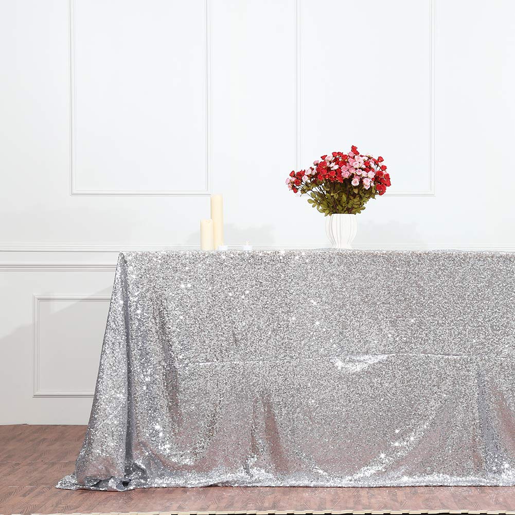 Juya Delight 90'' x 132'' Silver Sequin Rectangle Tablecloth for Wedding Birthday Party Festival Ceremony Cake Dessert Table