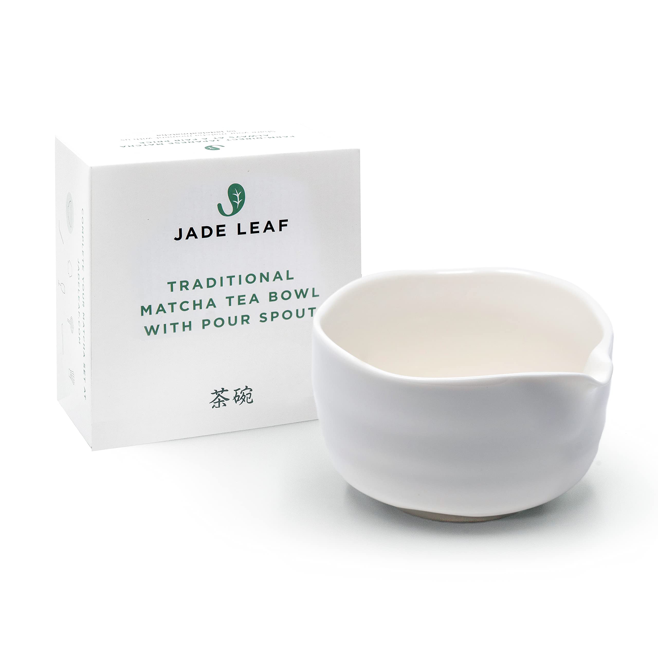 Jade Leaf Matcha Traditional Porcelain Tea Bowl With Pour Spout - Hand Made Porcelain With White Matte Glaze - For Perfectly Whi