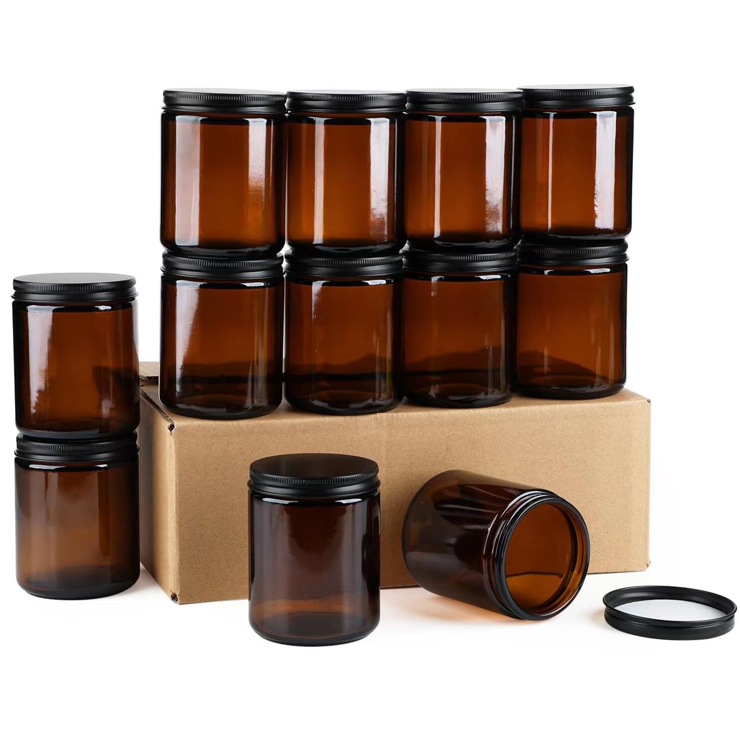 6 Pack Amber Glass Jars, 8 Oz Thick Amber Round Glass Jars, With Black Metal Lids, For Spice, Liquid, Sample, Leakproof And Dish