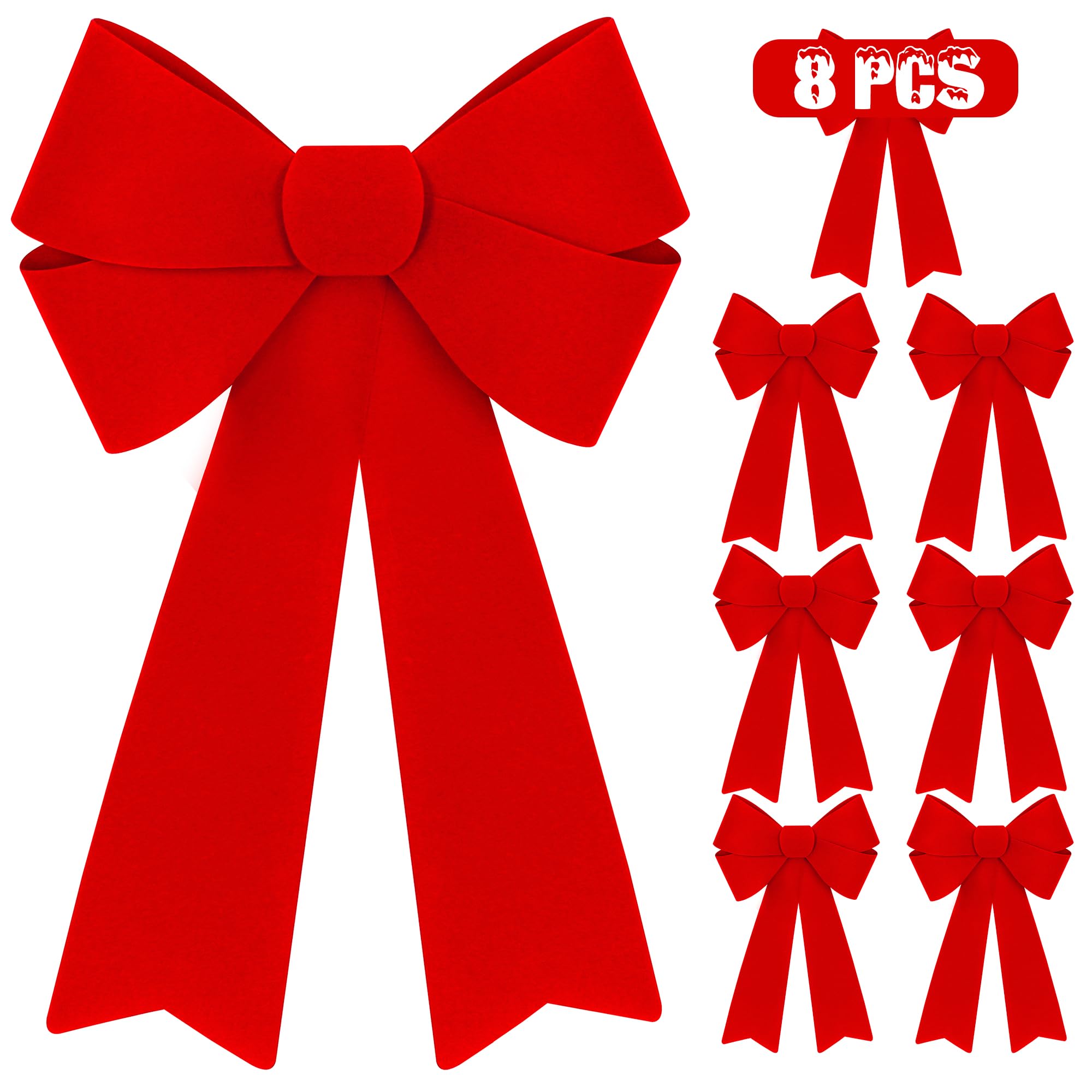 8 PCS Xmas Decorations, 12 x 18 Inch Red Christmas Bows, Red Velvet PVC Large Hanging Red Christmas Bows for Outside Indoor Xmas