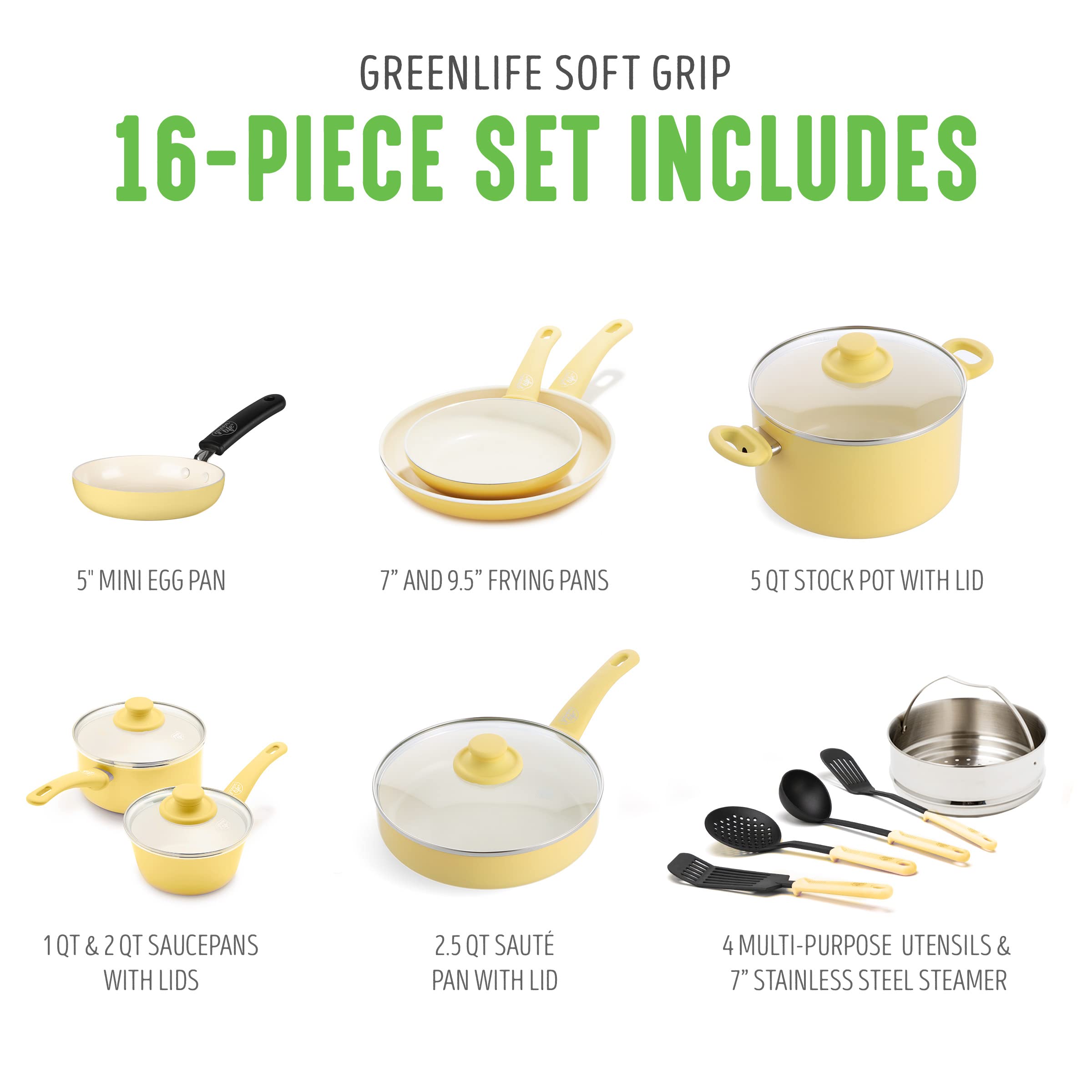 GreenLife Soft Grip Healthy Ceramic Nonstick, 16 Piece Cookware Pots and Pans Set, PFAS-Free, Dishwasher Safe, Yellow