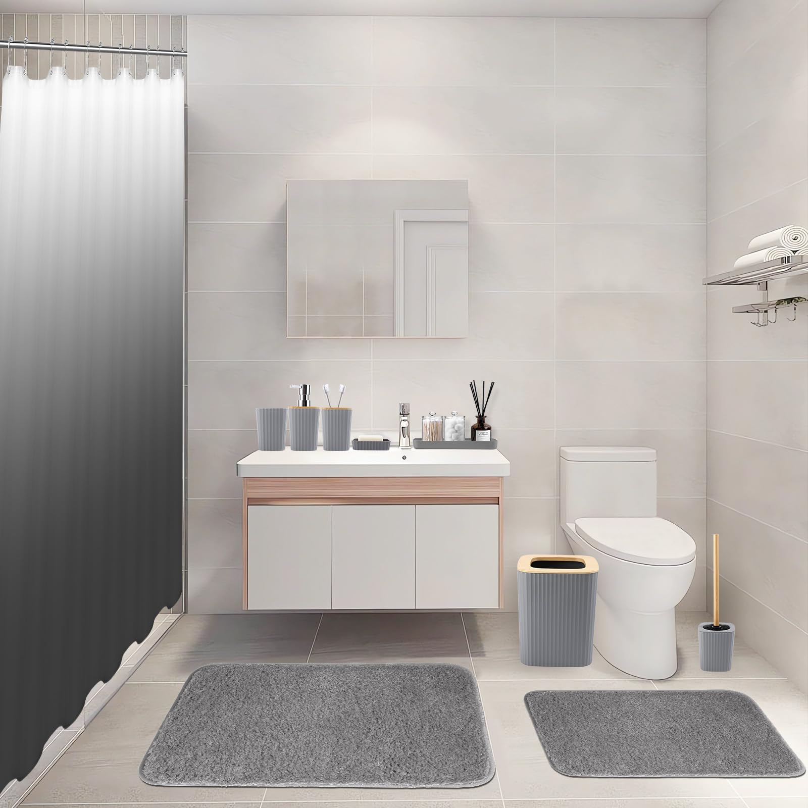 Xlhomo Bathroom Accessory Set-Bathroom Set With Shower Curtain And Rugs, No Slip Bathroom Rugs Super Absorbent, Grey Ombre Water