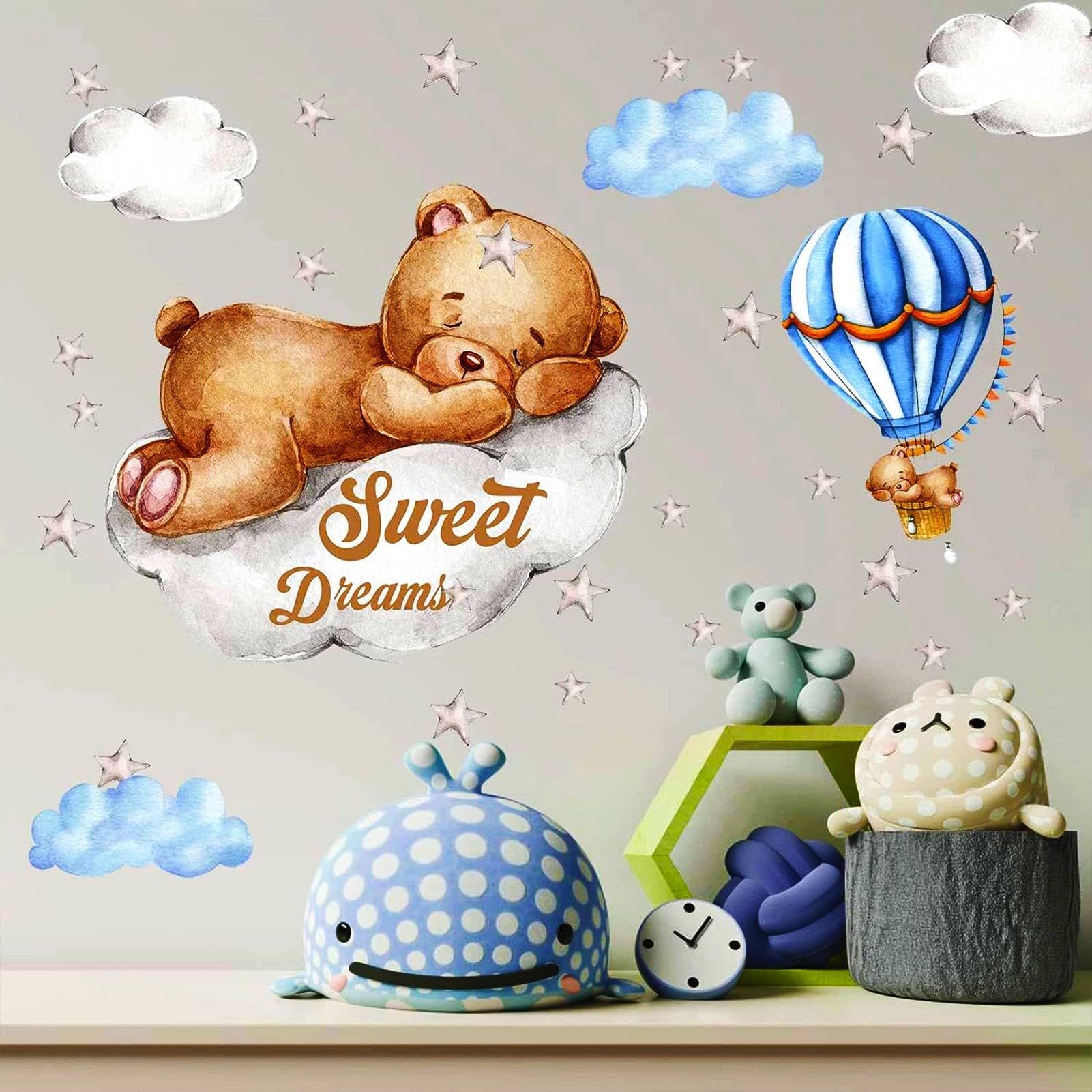 Tedy Bear Sleeping On The Moon And Stars Wall Stickers For Kids Baby Room Decor Sweet Dream Moon Hot Air Star Baby Nursery Decor