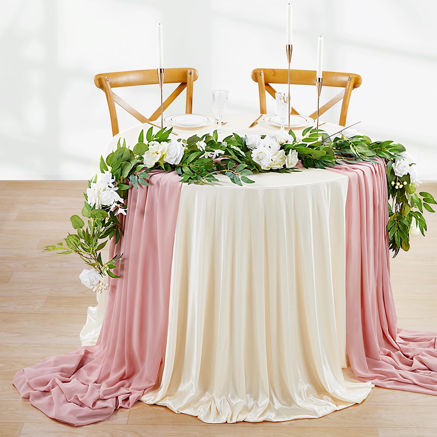 Queendream 10Ft Table Runners 27X120 Inches 5 Pieces Dusty Rose Chiffon Sheer Wedding Runner For Romantic Rustic Christmas Baby