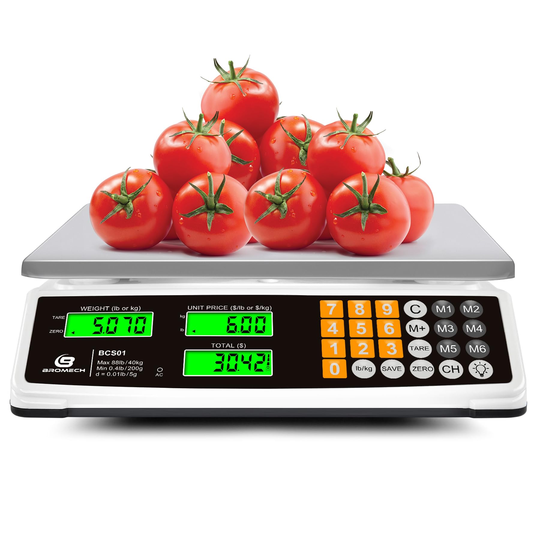 BROMECH Price Computing Scale 88lb/40kg Commercial Food Scale for Produce Meat Weighing, LCD Display and Green Bright Backlight 