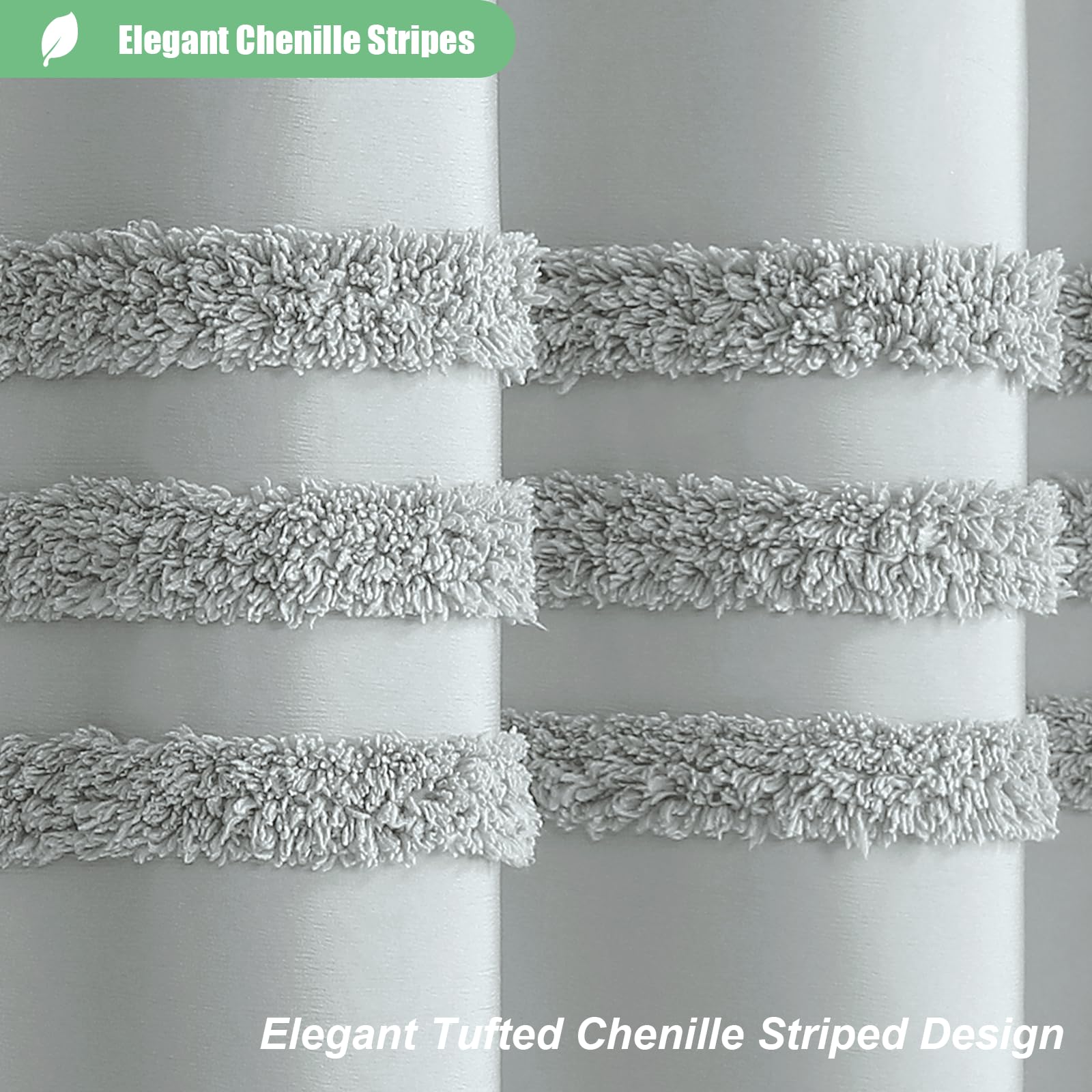 Dynamene Grey Fabric Shower Curtain, Tufted Chenille, Waterproof, 72"x72", Boho Farmhouse Style, Wrinkle Free