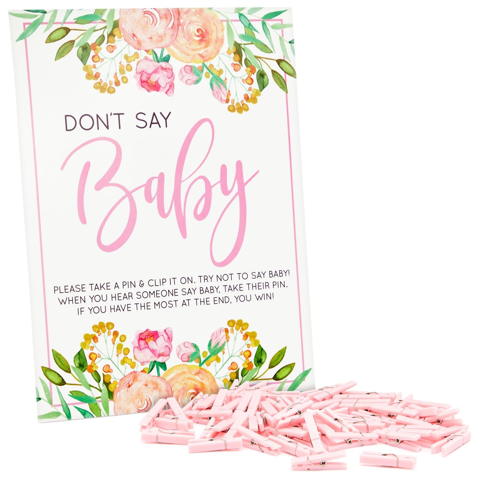 Floral Baby Shower Clothespin Game For Girl  Don't Say Baby Theme with 60 Pink Clothes Pins and 8x10-Inch Sign