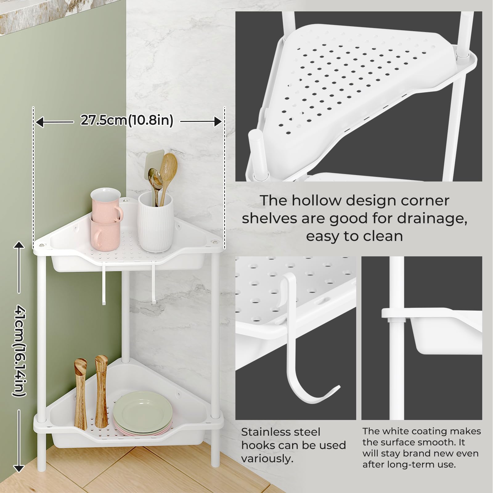 Odesign 2 Tier Floor Standing Corner Shower Caddy Organizer Plastic Metal Splicing Shelf Storage Rack For Bathroom White - Rustp