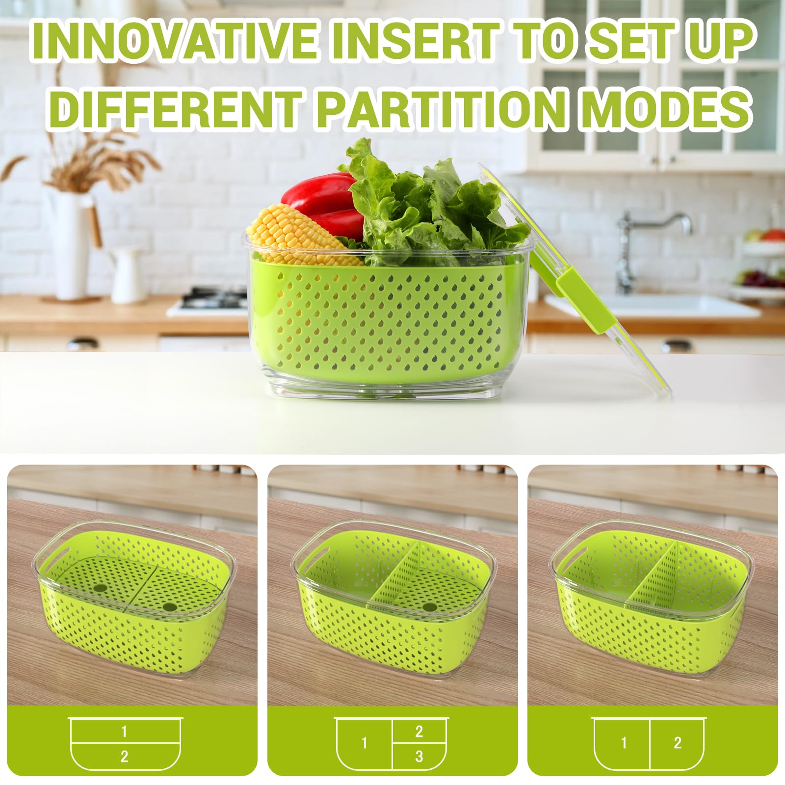 Luxear Fresh Produce Vegetable Fruit Storage Containers 3Piece Set, Bpa-Free Fridge Storage Container, Partitioned Salad Contain