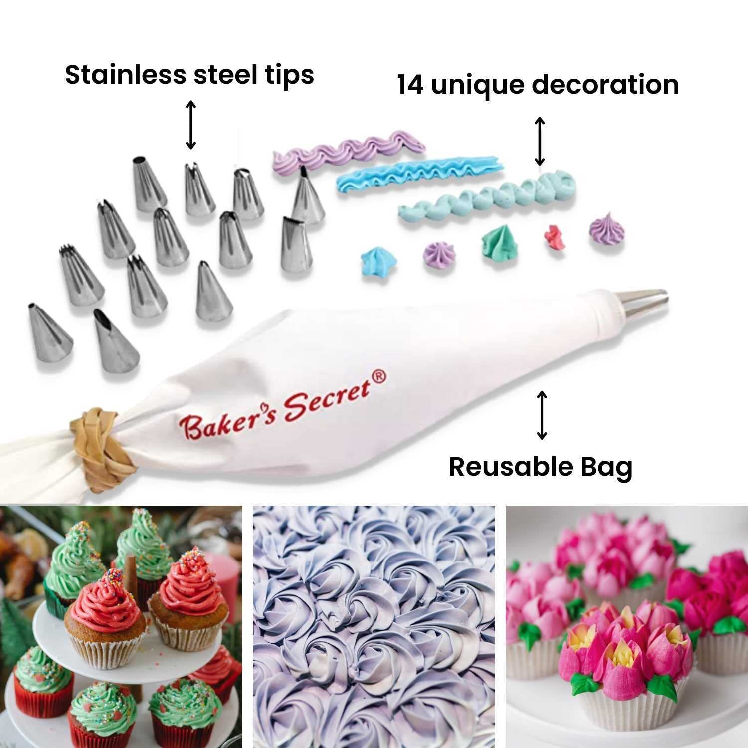 Baker'S Secret - Reusable Piping Bag And Tips Cake Decorating Supplies Kit, 16 Pieces Cake Decorating Set, Baking Kitchen Essent