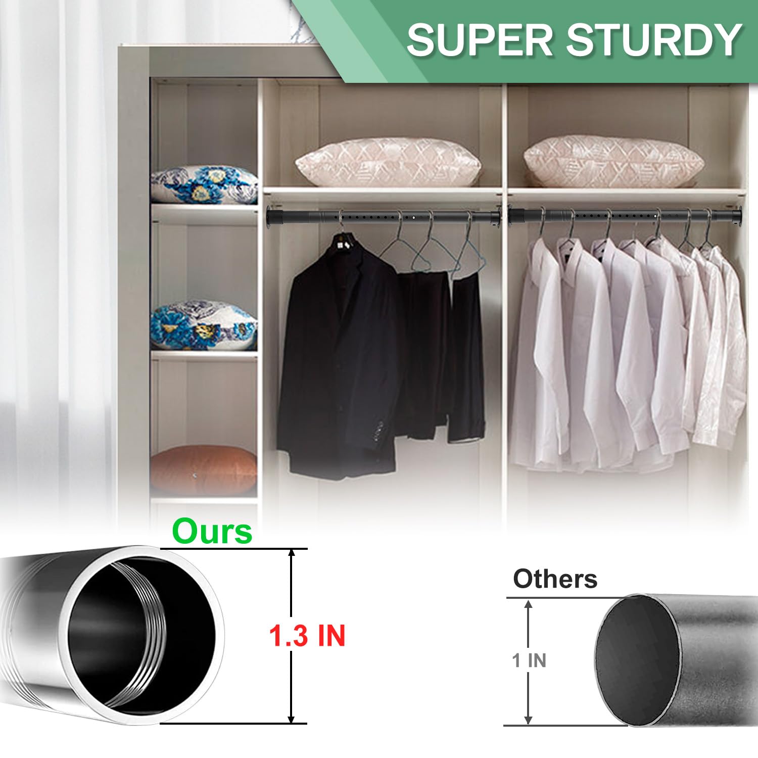 Closet Rods For Hanging Clothes, 1.3 Inch Diameter Heavy Duty Closet Rod 17-39 Inch Adjustable Clothes Hanging Bar Metal Black S