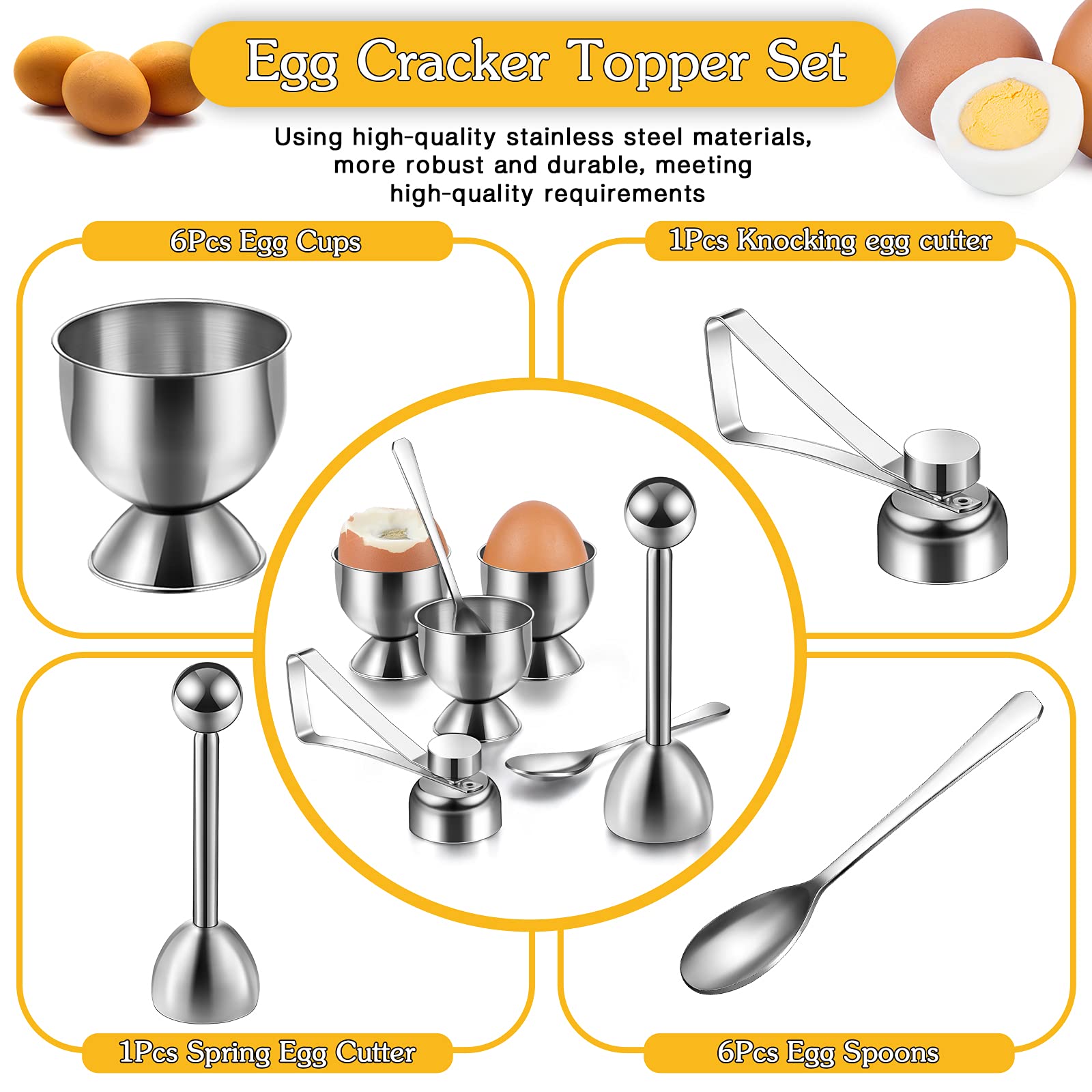 14 Pieces Egg Cup Set Egg Topper Boiled Egg Holder Stainless Steel Egg Opener Egg Spoon For Kitchen Tool