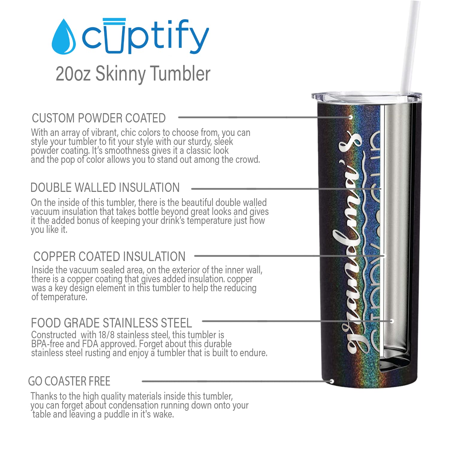 Grandma'S Sippy Cup Skinny Tumbler With Lid And Straw Laser Engraved On Black Glitter 20 Oz Insulated Stainless Steel Funny Birt