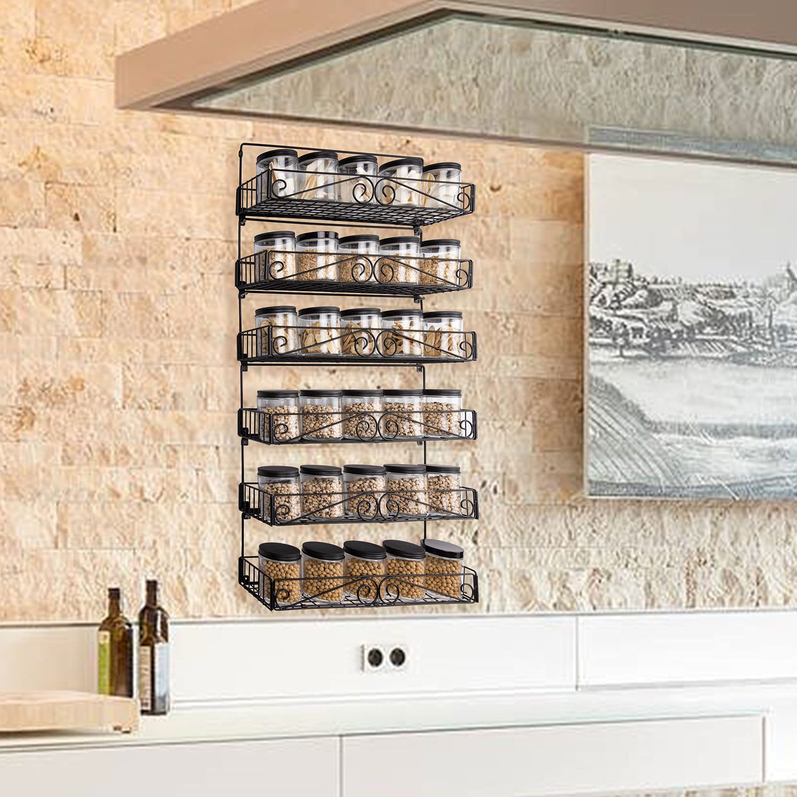 SWOMMOLY Wall Mount Spice Rack, 6 Pack Large-capacity Spice Racks, Stackable Foldable Spice Cans Organizer Shelf, Black