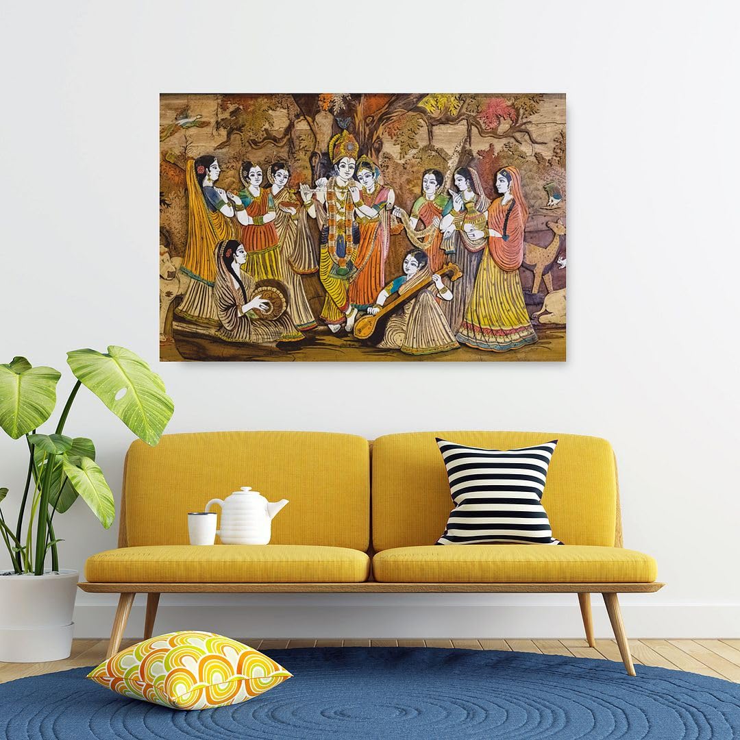Cvanu Radha-Krishna With Gopis Canvas Painting With Wooden Stretched Wall Art Painting For Decoration (30X18Inch)-202308-370