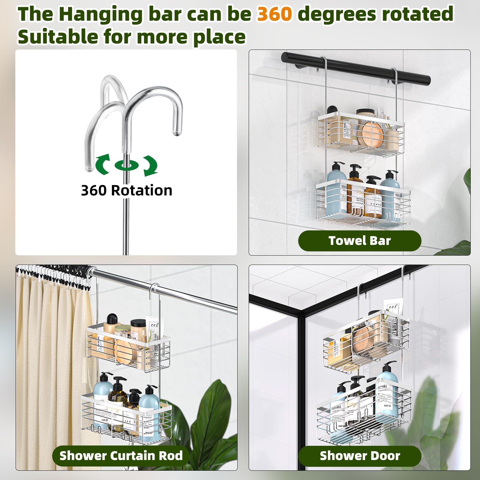 Yuoros Shower Caddy Hanging, 2 Tier Over The Door Shower Organizer Rack 304 Stainless Steel Rustproof (Elegant Silver)