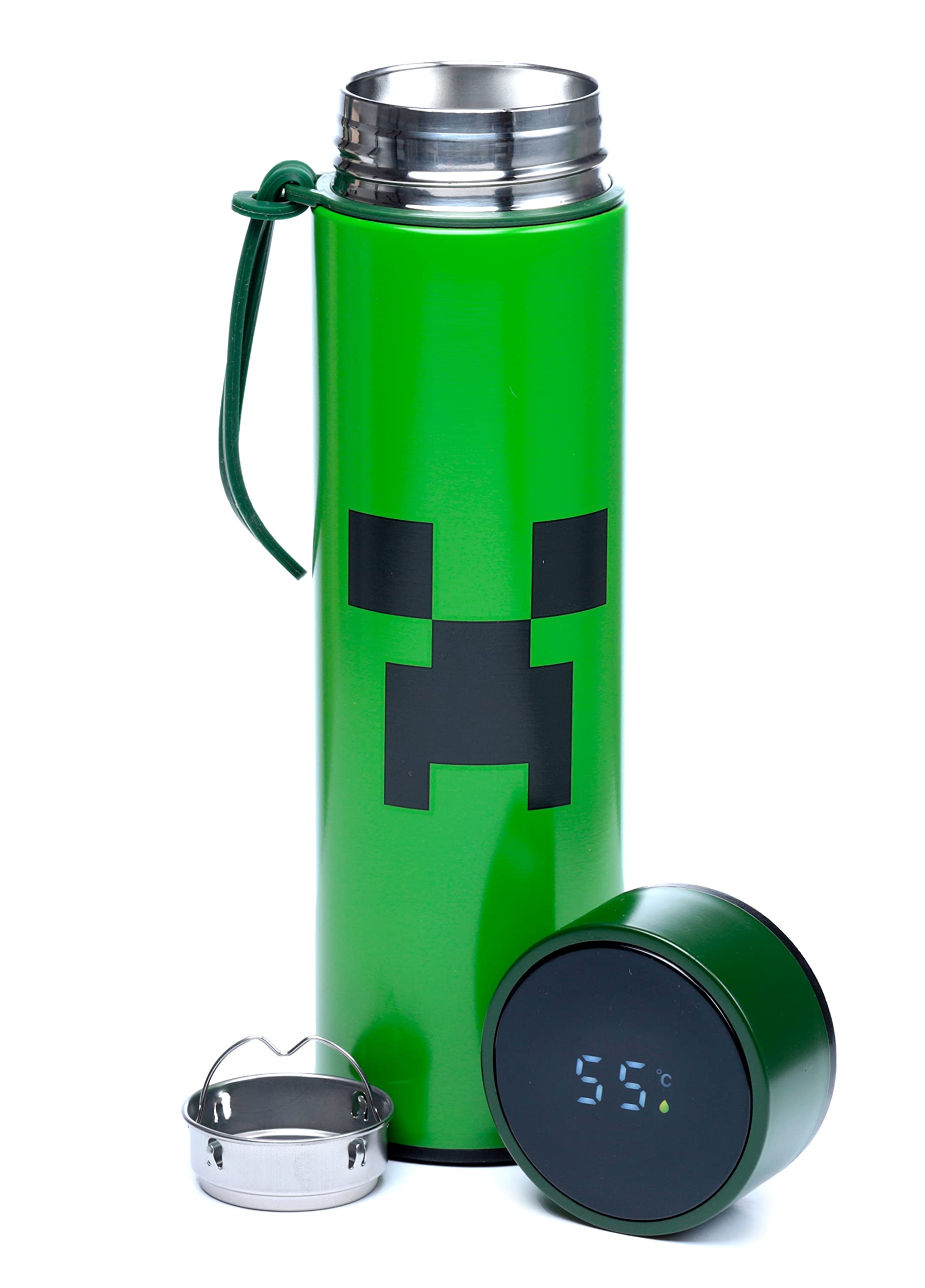 Puckator Minecraft  Stainless Steel Water Bottle with Led Temperature Display  Cold for 24h and Hot for 6h  Metal Water Bottl