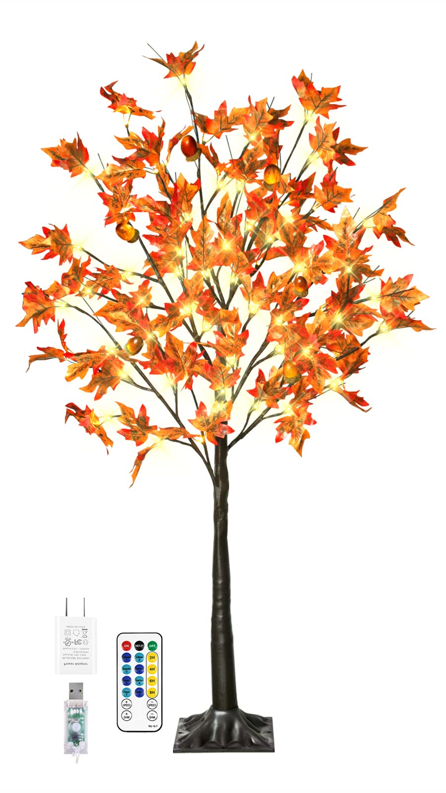 4FT 60LED Lighted Maple Tree - Fall Thanksgiving Decor Artificial Tree with 6 Acorns 120 Leaves, Remote 8 Flashing Modes, Timing