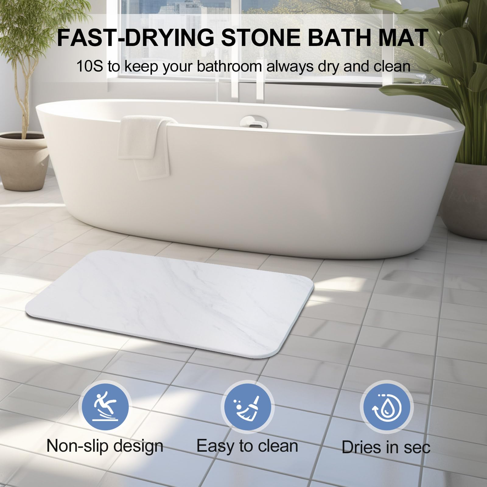 Stone Bath Mat, 3 Pack Diatomaceous Earth Shower Mat, Non-Slip Super Absorbent Quick Drying Bathroom Floor Mat(23.62X15.35Inch,